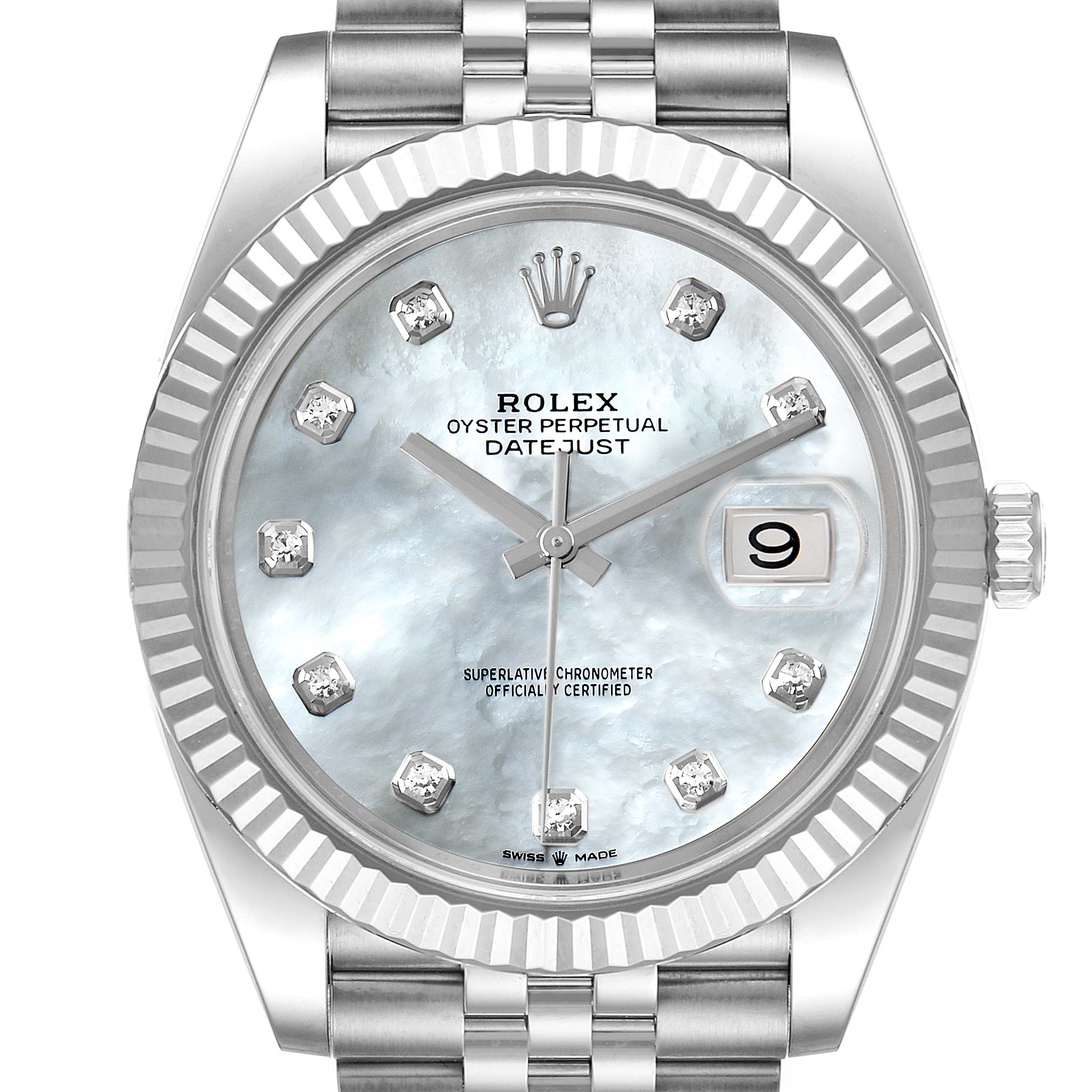 This image shows a frontal view of the Rolex Datejust 41 126334 Men's Stainless Steel Mother of Pearl Dial 126334 Men's Stainless Steel Mother of Pearl Dial watch, highlighting its dial, bezel, and bracelet.