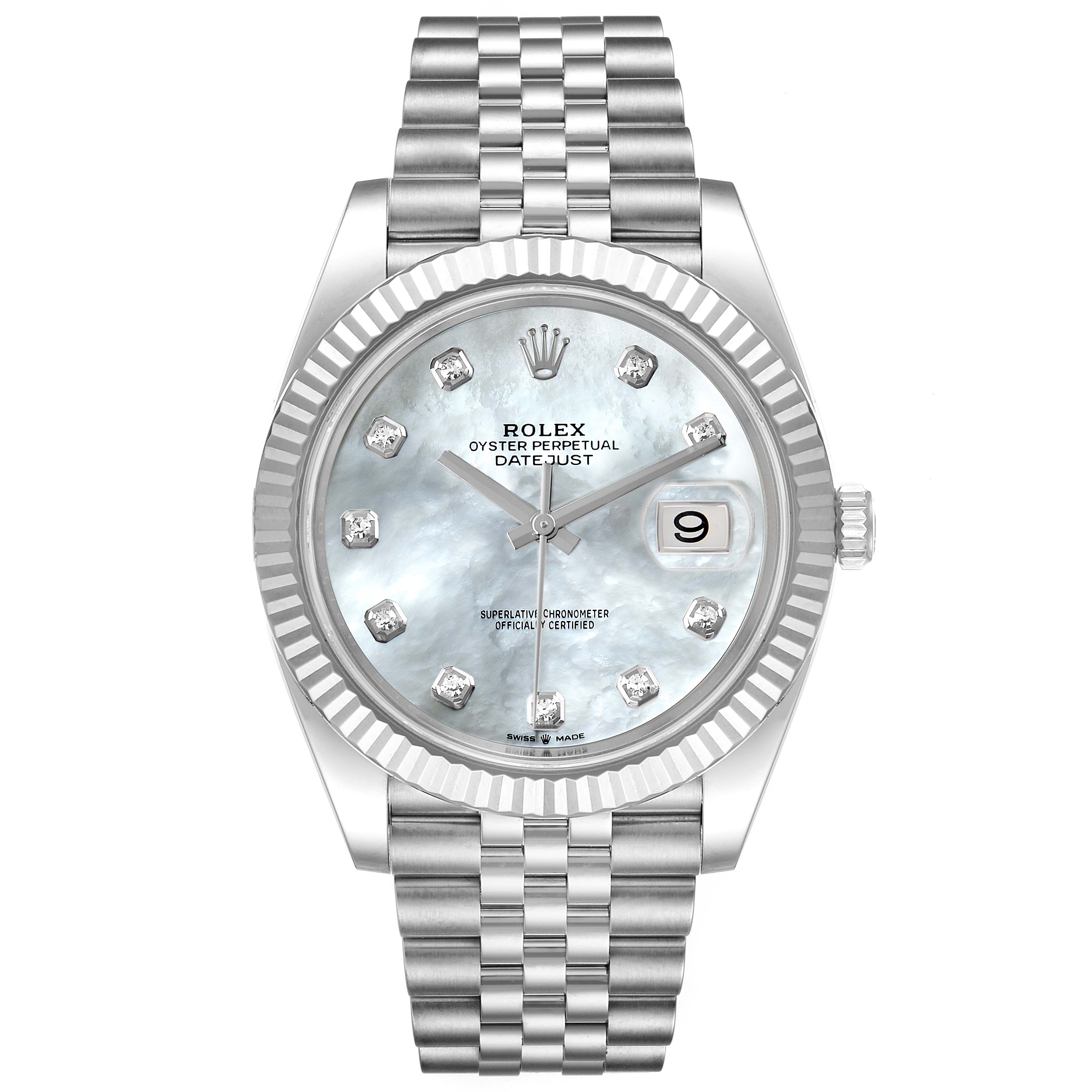 The image shows a Rolex Datejust 41 126334 Men's Stainless Steel Mother of Pearl Dial 126334 Men's Stainless Steel Mother of Pearl Dial watch from a front angle, highlighting its dial, bezel, and bracelet.