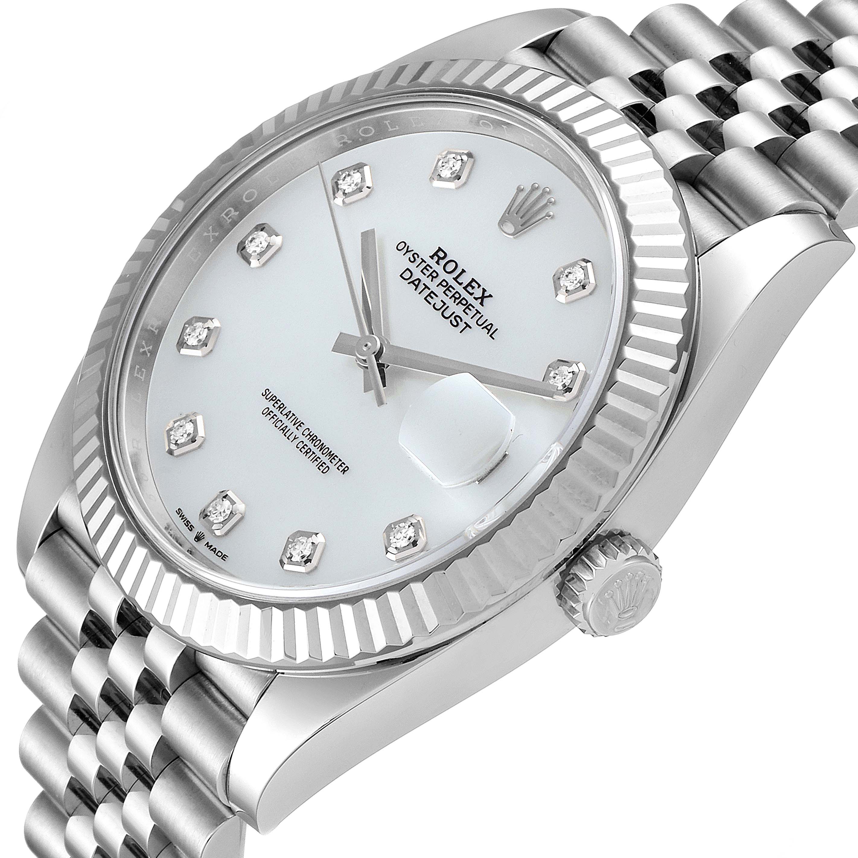 The image shows a Rolex Datejust 41 126334 Men's Stainless Steel Mother of Pearl Dial 126334 Men's Stainless Steel Mother of Pearl Dial watch at a slight angle, highlighting the face, bezel, crown, and part of the bracelet.