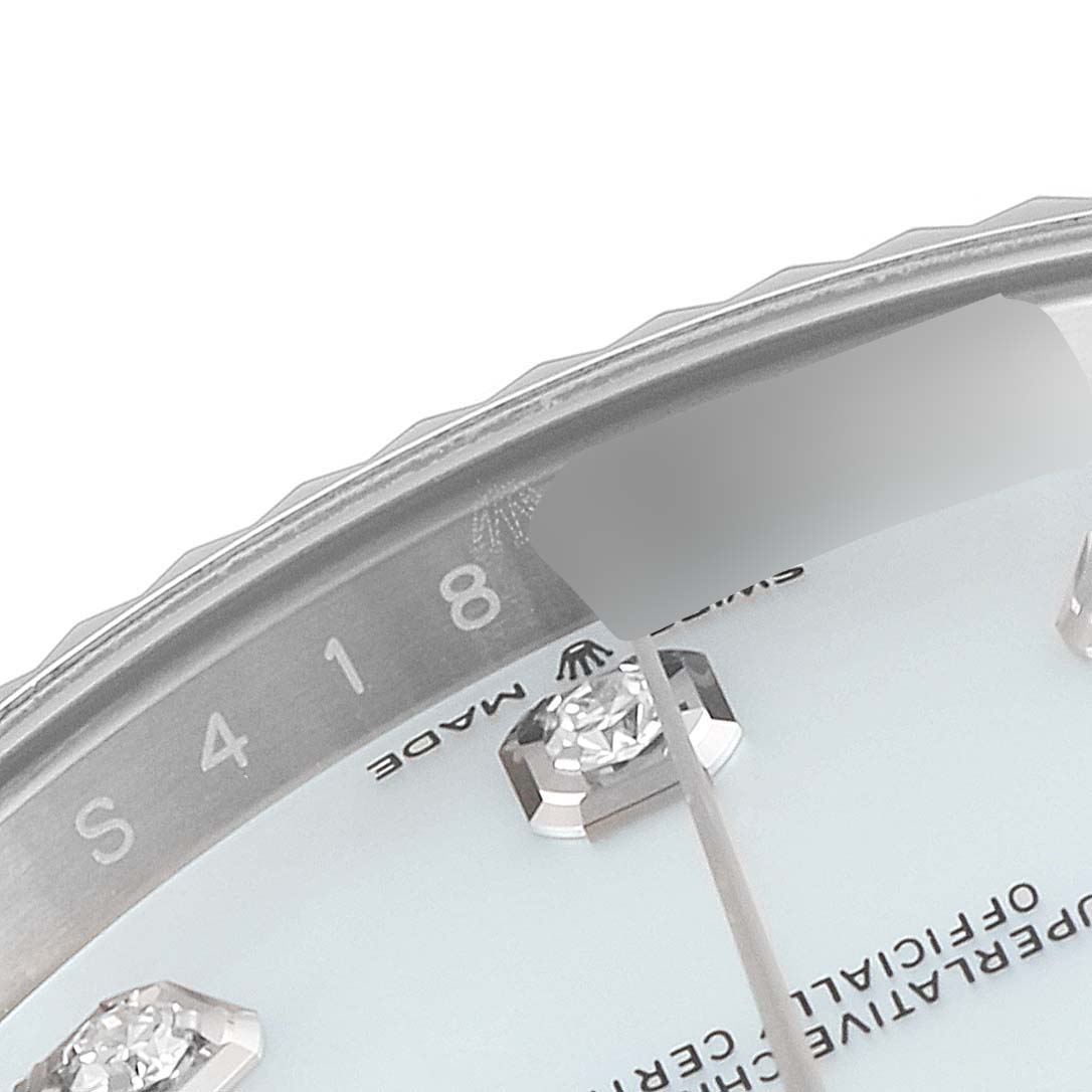 The image shows a close-up angle of the Rolex Datejust 41 126334 Men's Stainless Steel Mother of Pearl Dial 126334 Men's Stainless Steel Mother of Pearl Dial watch dial, including diamond hour markers and partial view of the bezel and minute markings.