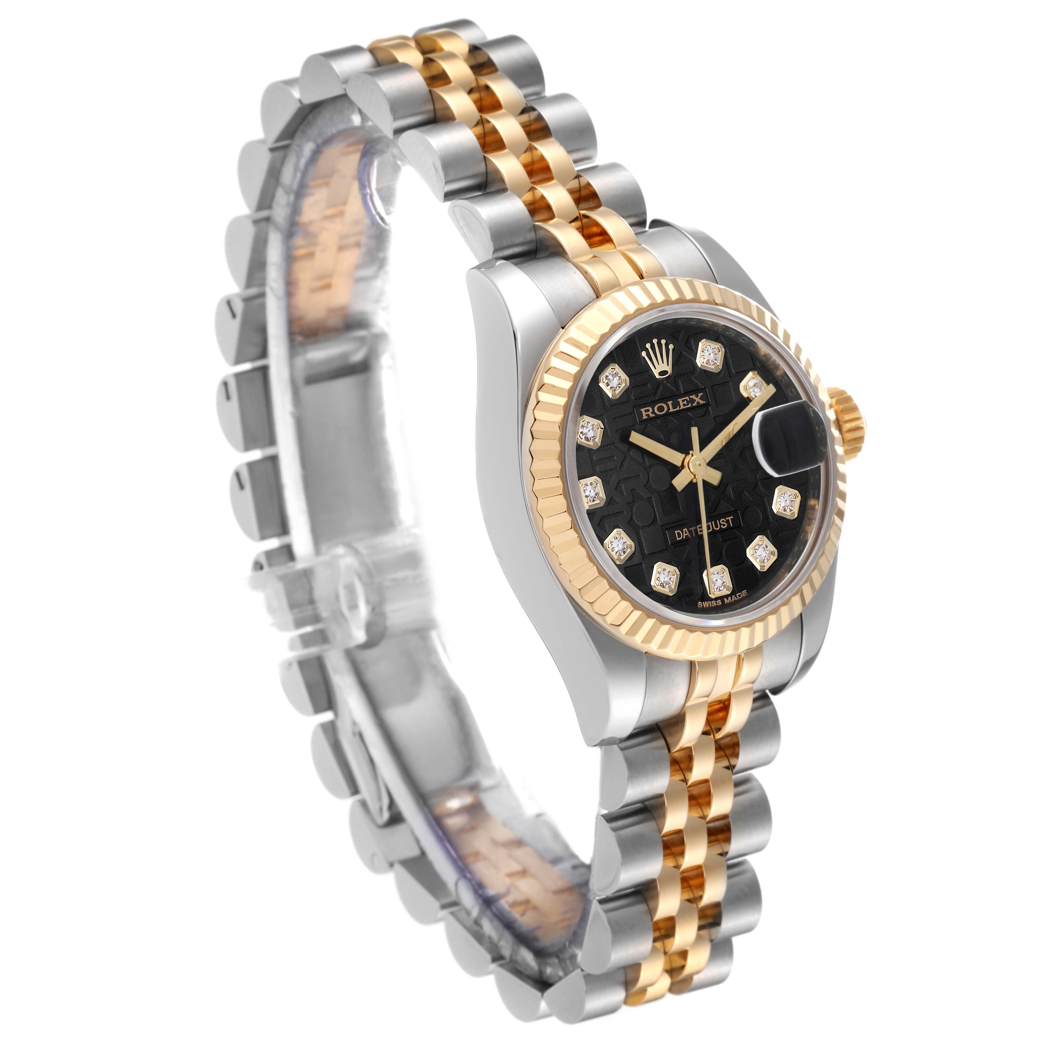 The image shows a Rolex Datejust 179173 Women's Steel and Gold (two tone) Black Dial 179173 Women's Steel and Gold (two tone) Black Dial watch from a three-quarter angle, highlighting the dial, bezel, crown, and bracelet.