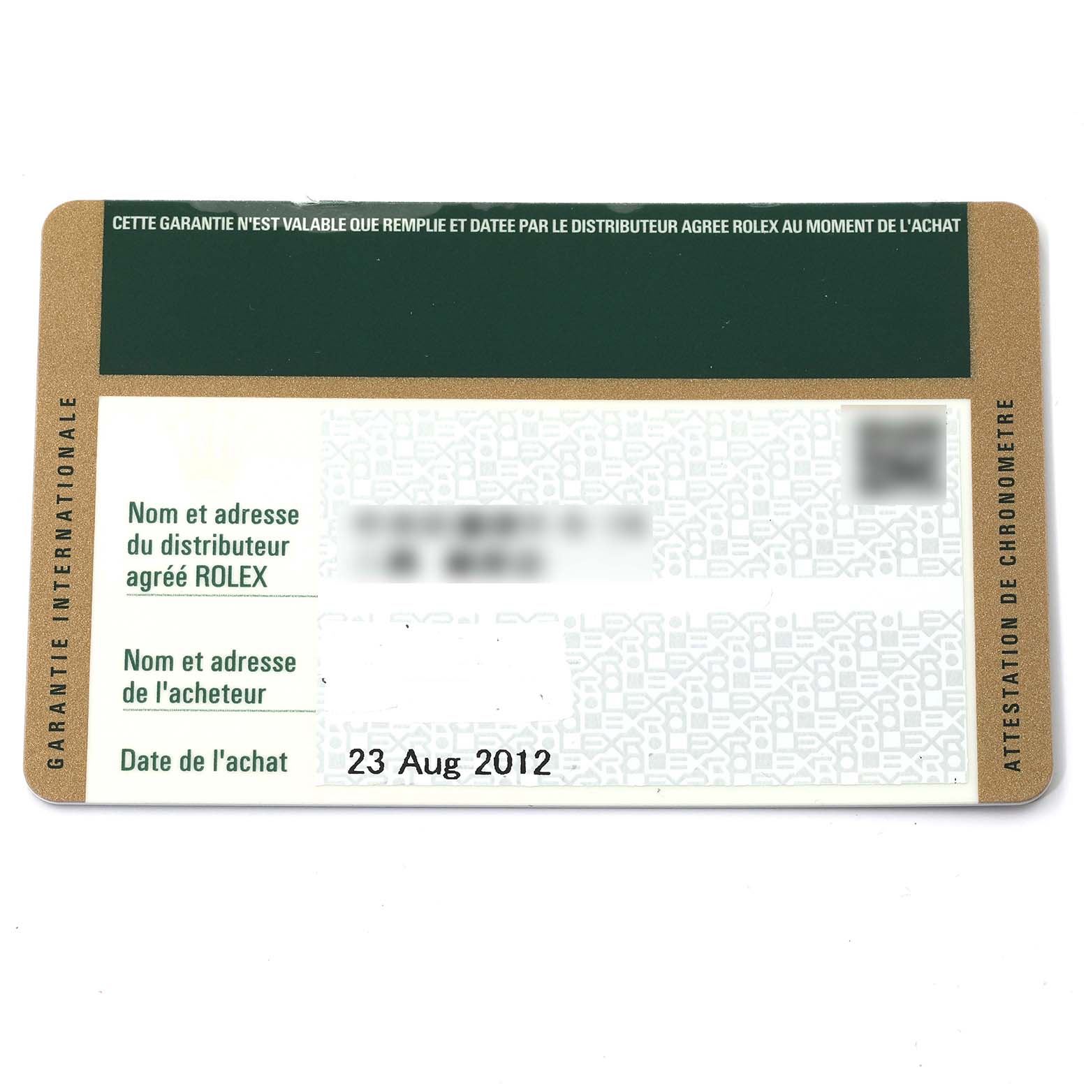 This is a warranty card for a Rolex Datejust 179173 Women's Steel and Gold (two tone) Black Dial 179173 Women's Steel and Gold (two tone) Black Dial watch, showing purchase details and warranty information.