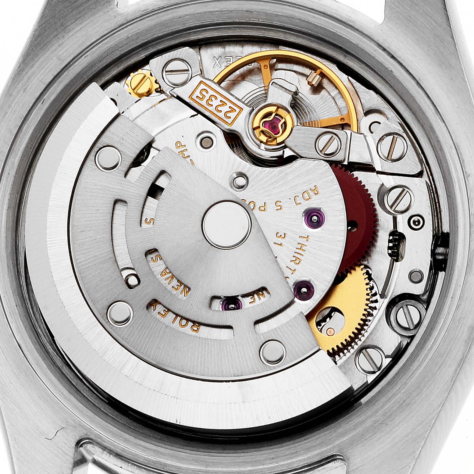 This image shows the internal mechanical movement of a Rolex Datejust 179173 Women's Steel and Gold (two tone) Black Dial 179173 Women's Steel and Gold (two tone) Black Dial watch from a top-down angle.