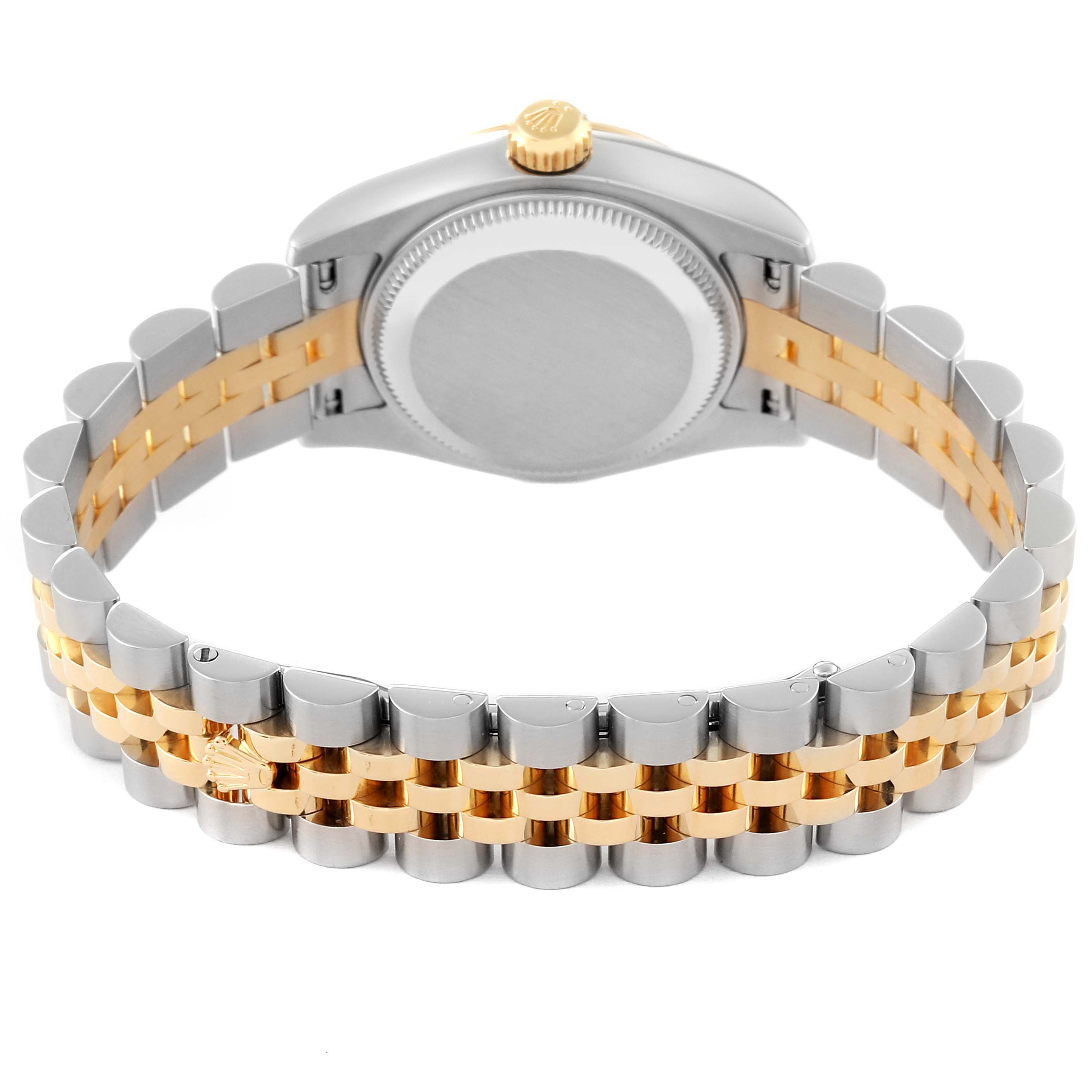The image shows the back view of a Rolex Datejust 179173 Women's Steel and Gold (two tone) Black Dial 179173 Women's Steel and Gold (two tone) Black Dial watch, focusing on its two-tone bracelet and case back.