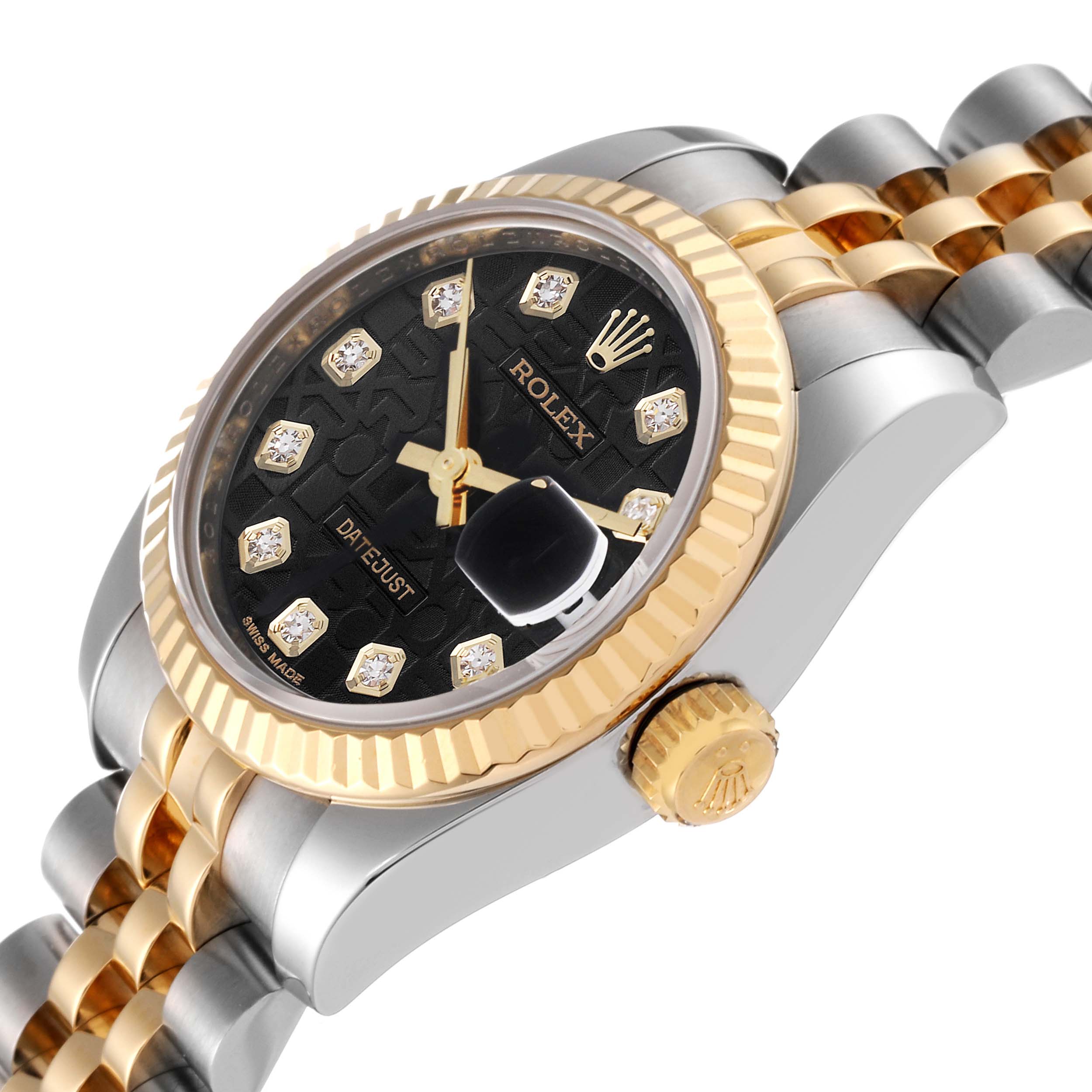 The image shows a close-up, angled view of a Rolex Datejust 179173 Women's Steel and Gold (two tone) Black Dial 179173 Women's Steel and Gold (two tone) Black Dial watch, highlighting the dial, bezel, and part of the bracelet.