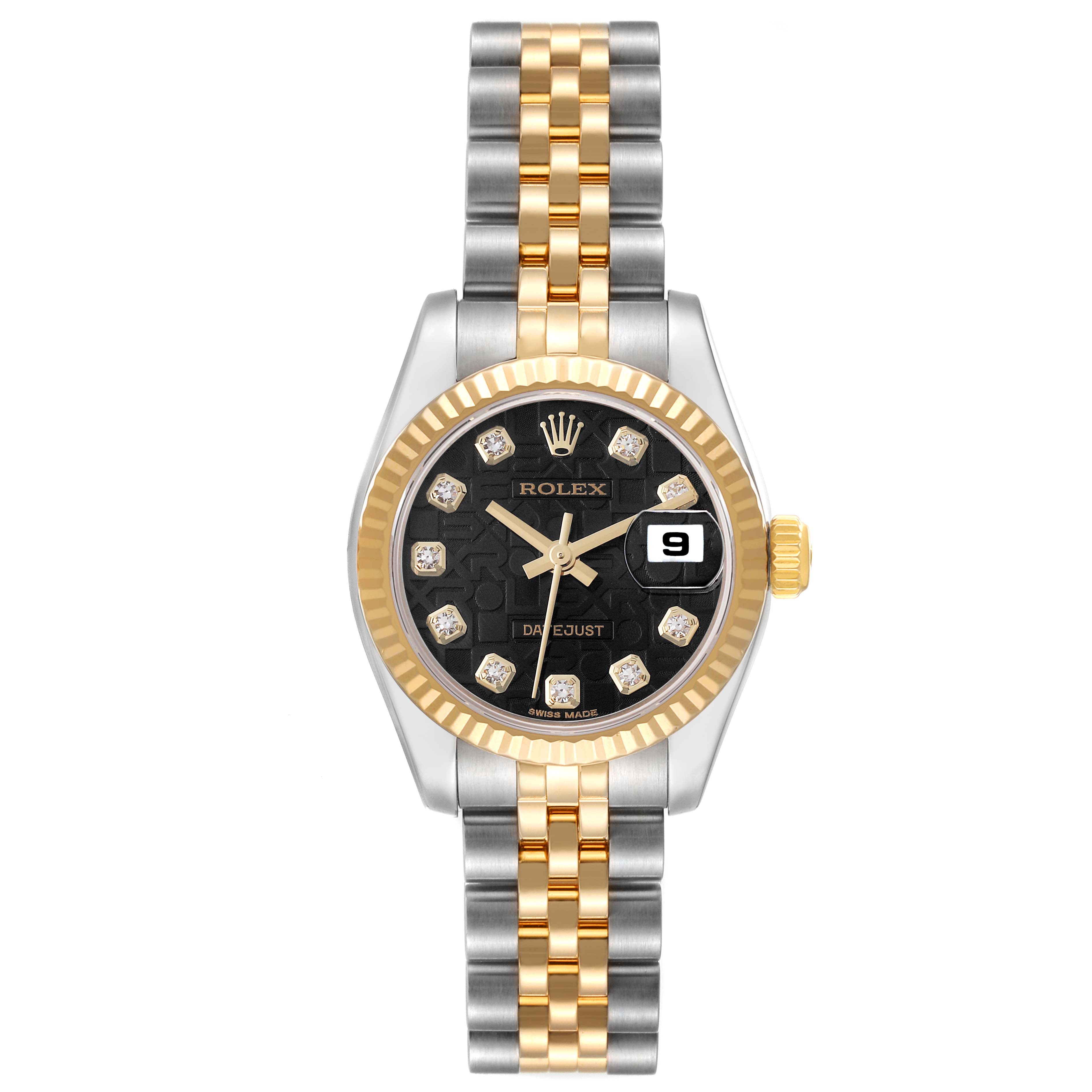 This image shows a frontal view of a Rolex Datejust 179173 Women's Steel and Gold (two tone) Black Dial 179173 Women's Steel and Gold (two tone) Black Dial watch, highlighting its dual-tone bracelet, black diamond dial, and date display.