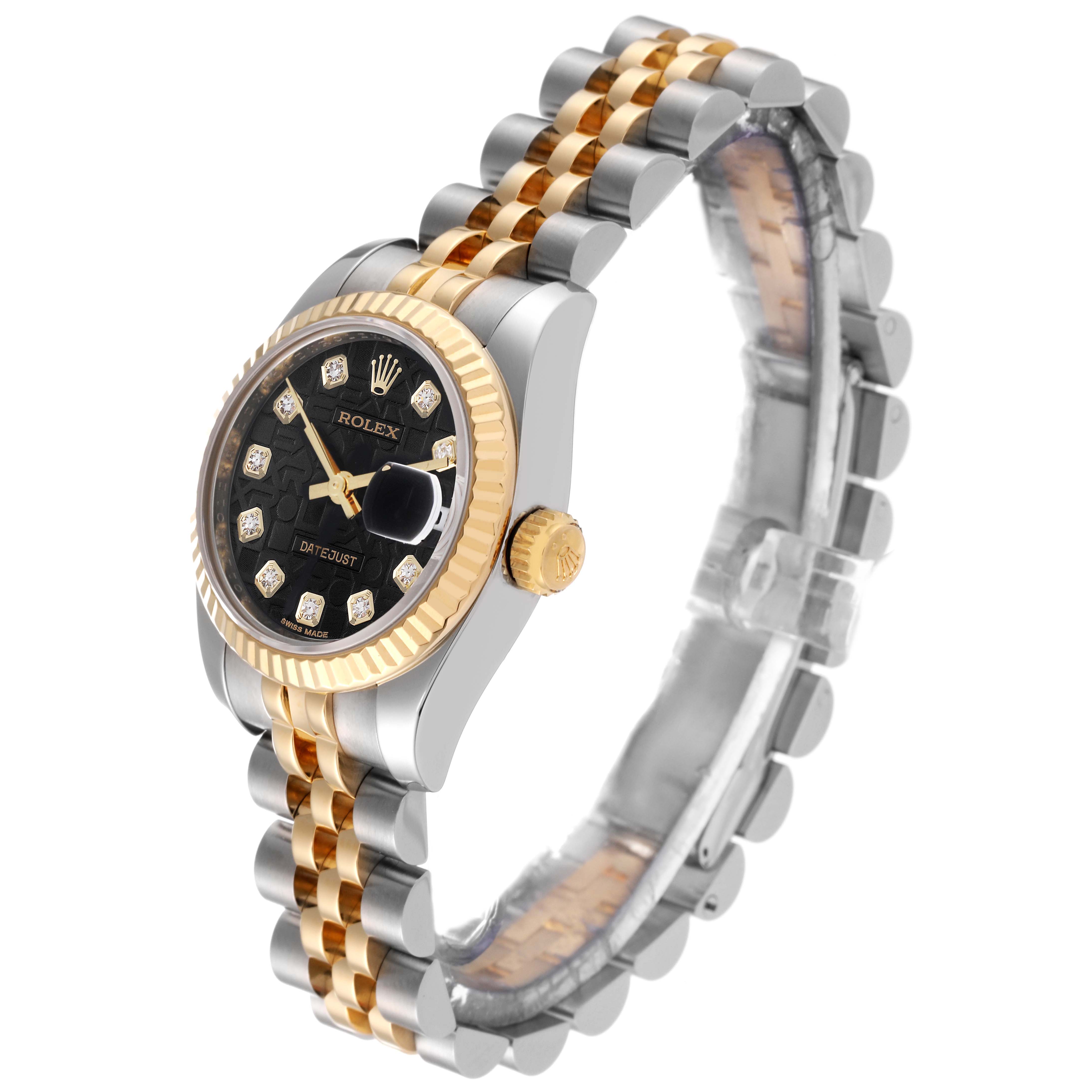 The Rolex Datejust 179173 Women's Steel and Gold (two tone) Black Dial 179173 Women's Steel and Gold (two tone) Black Dial watch is shown from an angled side view, highlighting the face, bezel, crown, and bracelet.