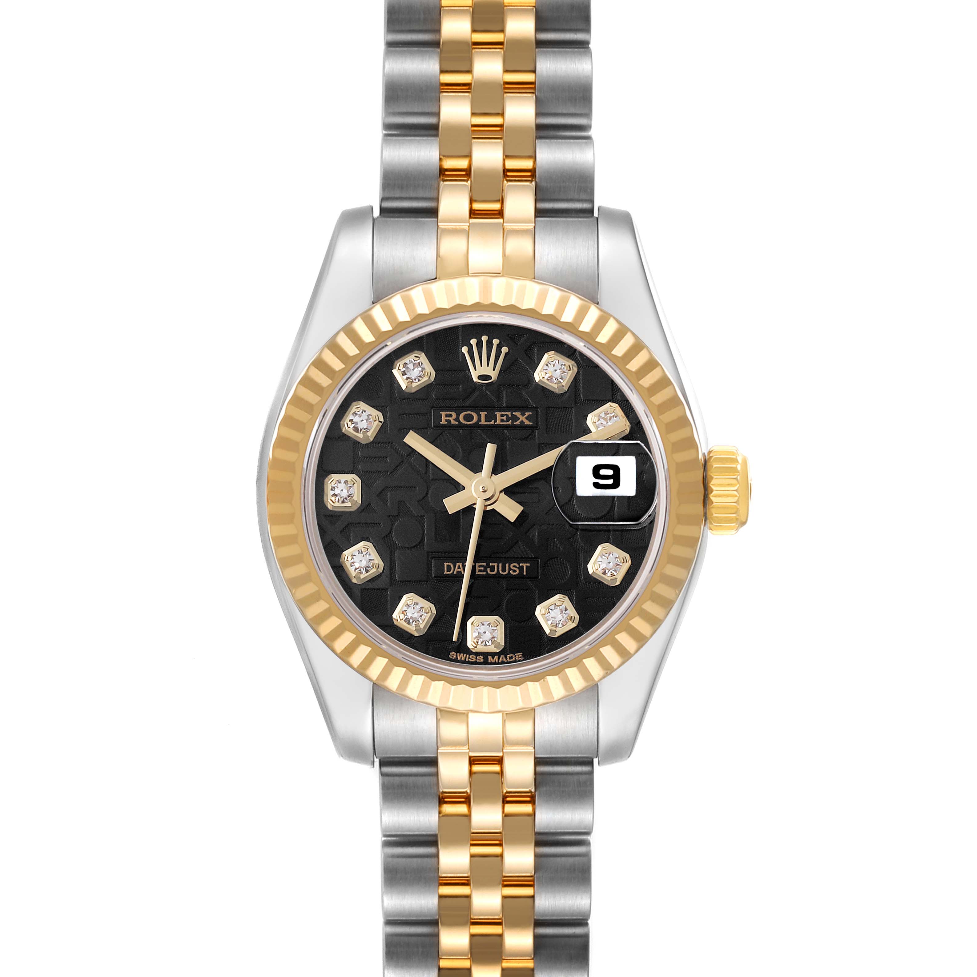 This image shows a front view of a Rolex Datejust 179173 Women's Steel and Gold (two tone) Black Dial 179173 Women's Steel and Gold (two tone) Black Dial watch featuring a gold and silver bracelet, black dial, and date display at 3 o'clock.