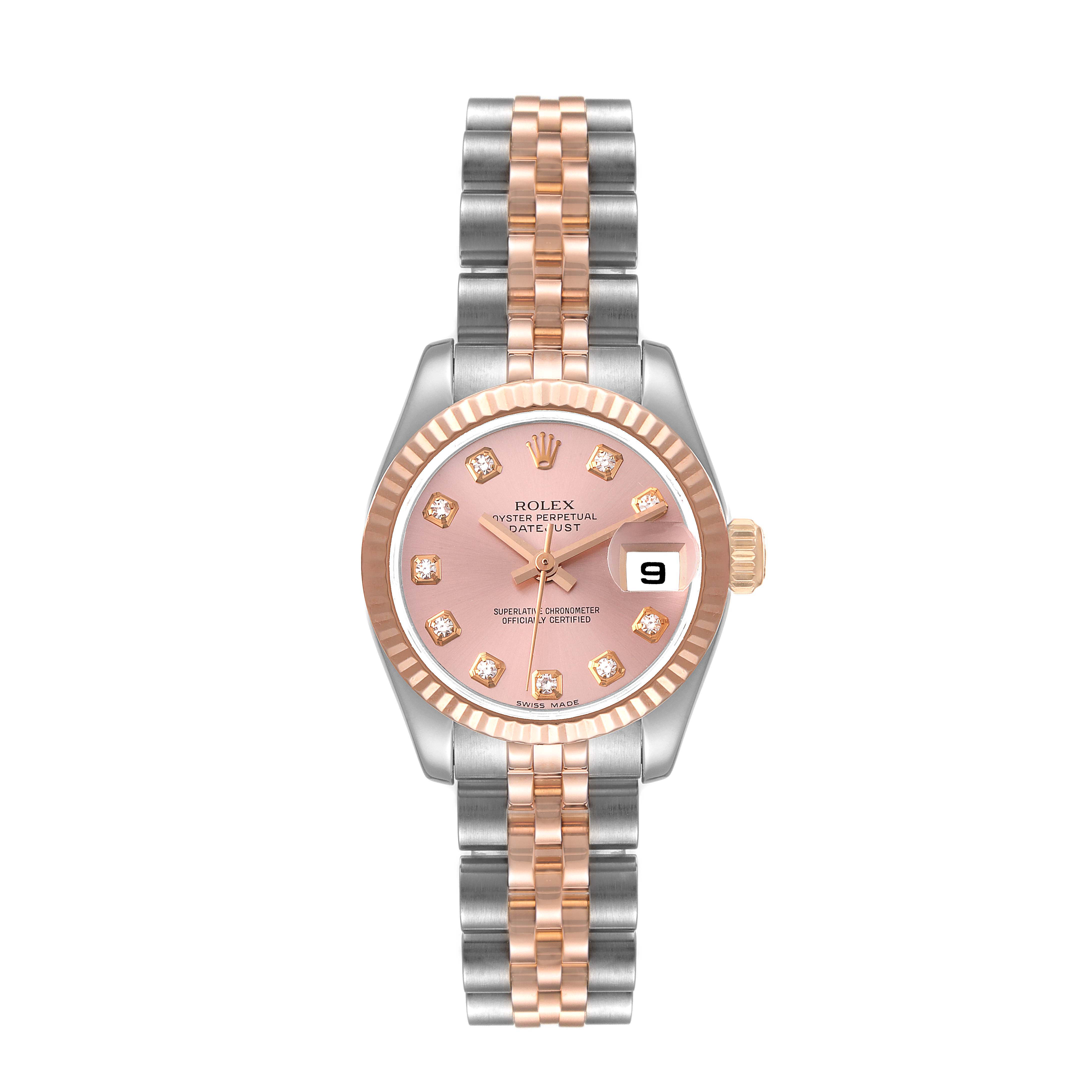The image shows a front view of the Rolex Datejust 179171 Women's Steel and Gold (two tone) Pink Dial 179171 Women's Steel and Gold (two tone) Pink Dial watch, featuring a bi-metal bracelet and a pink dial with diamond hour markers.