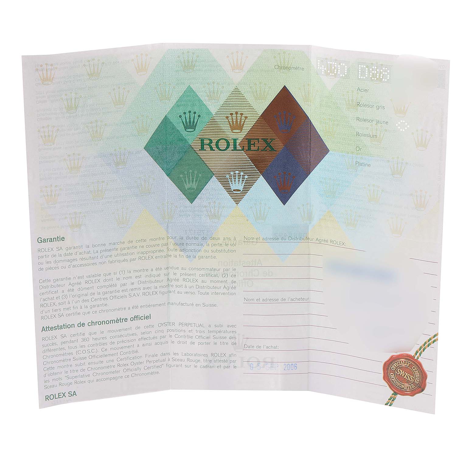 This image shows the warranty card for the Rolex Datejust 179171 Women's Steel and Gold (two tone) Pink Dial 179171 Women's Steel and Gold (two tone) Pink Dial model.