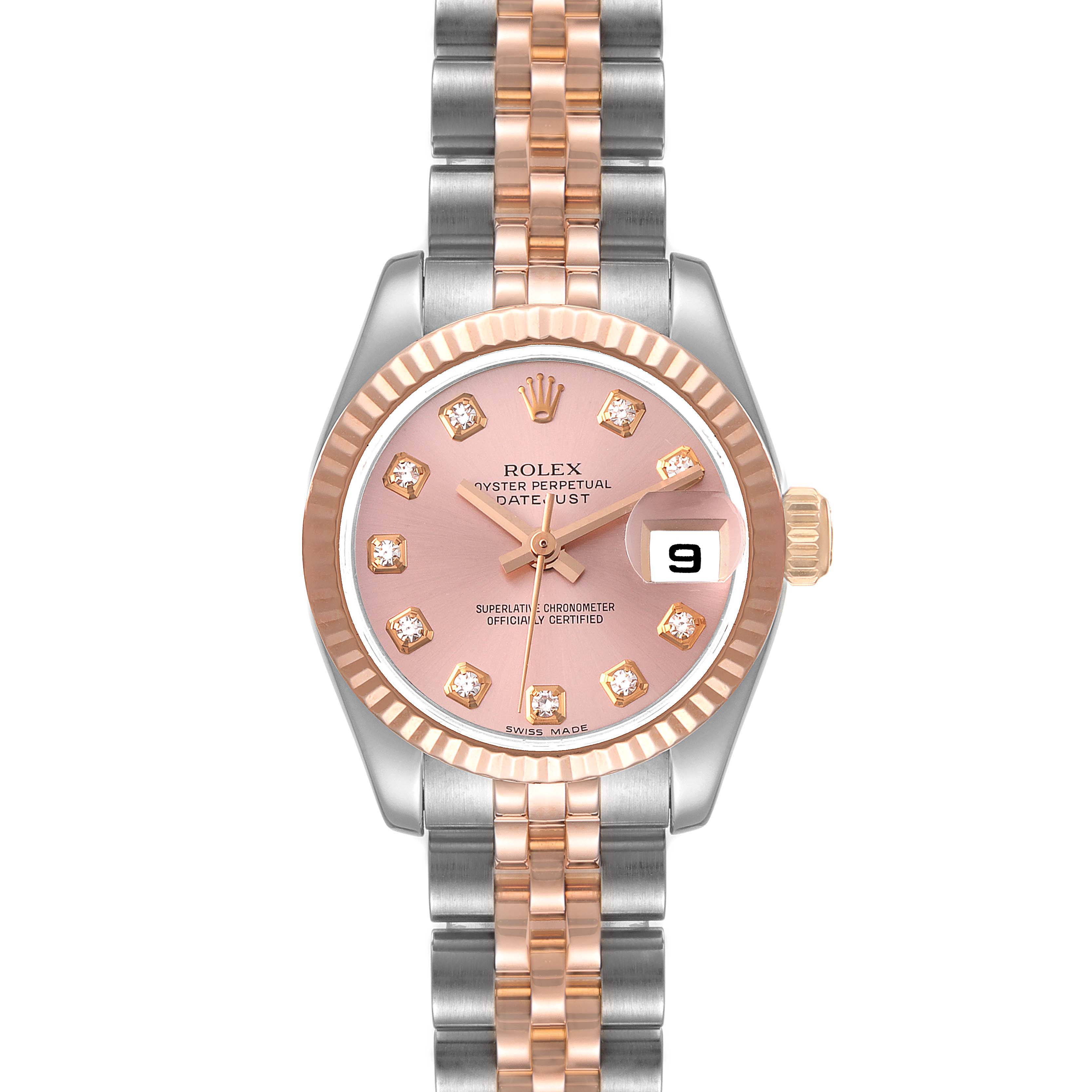 The image shows a front view of a Rolex Datejust 179171 Women's Steel and Gold (two tone) Pink Dial 179171 Women's Steel and Gold (two tone) Pink Dial watch, highlighting the face, bezel, crown, and bracelet.