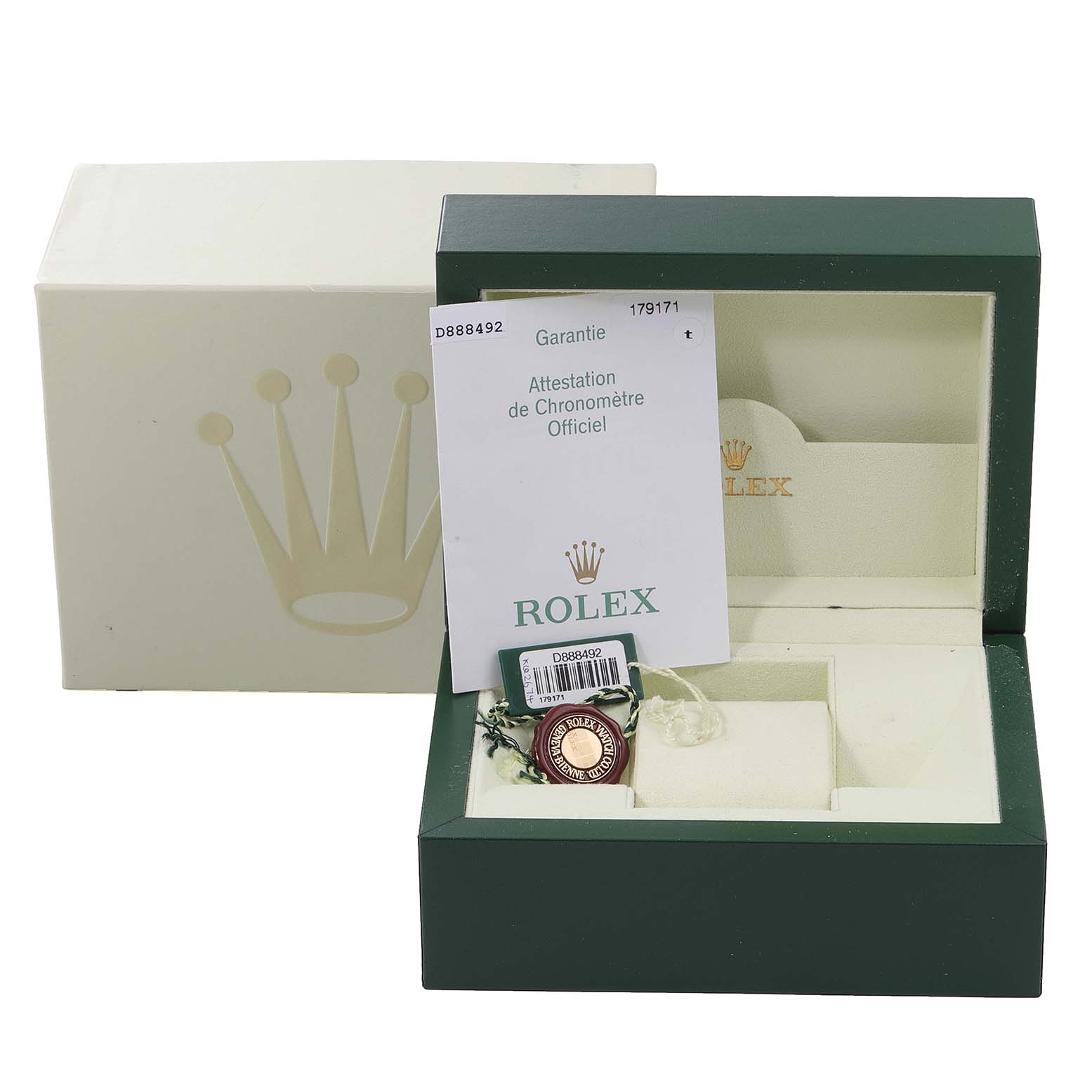 The image shows a Rolex Datejust 179171 Women's Steel and Gold (two tone) Pink Dial 179171 Women's Steel and Gold (two tone) Pink Dial box set including the warranty card, tags, and inner and outer boxes, viewed from the top angle.