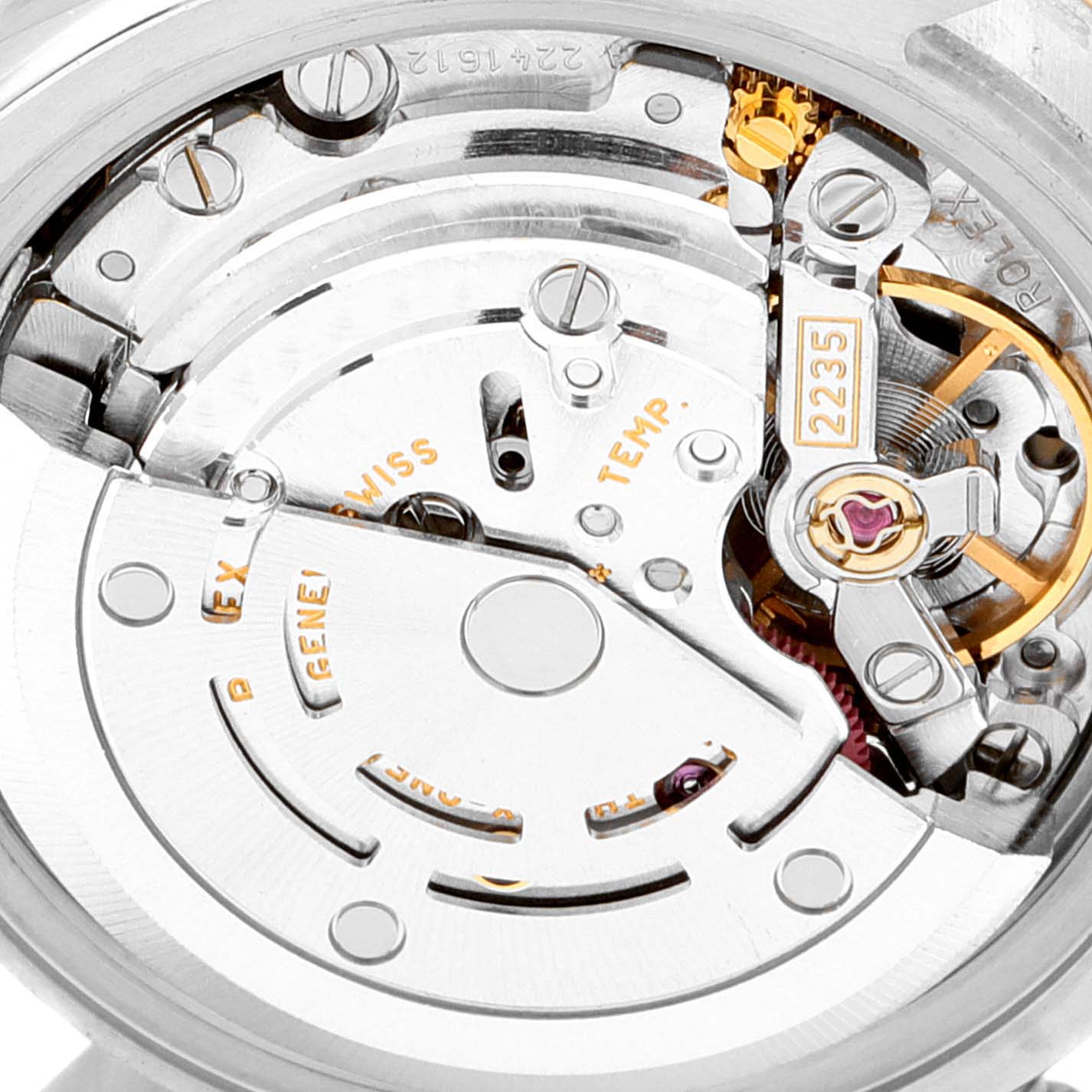 The image shows the internal movement mechanism of a Rolex Datejust 179171 Women's Steel and Gold (two tone) Pink Dial 179171 Women's Steel and Gold (two tone) Pink Dial watch from a top-down angle.