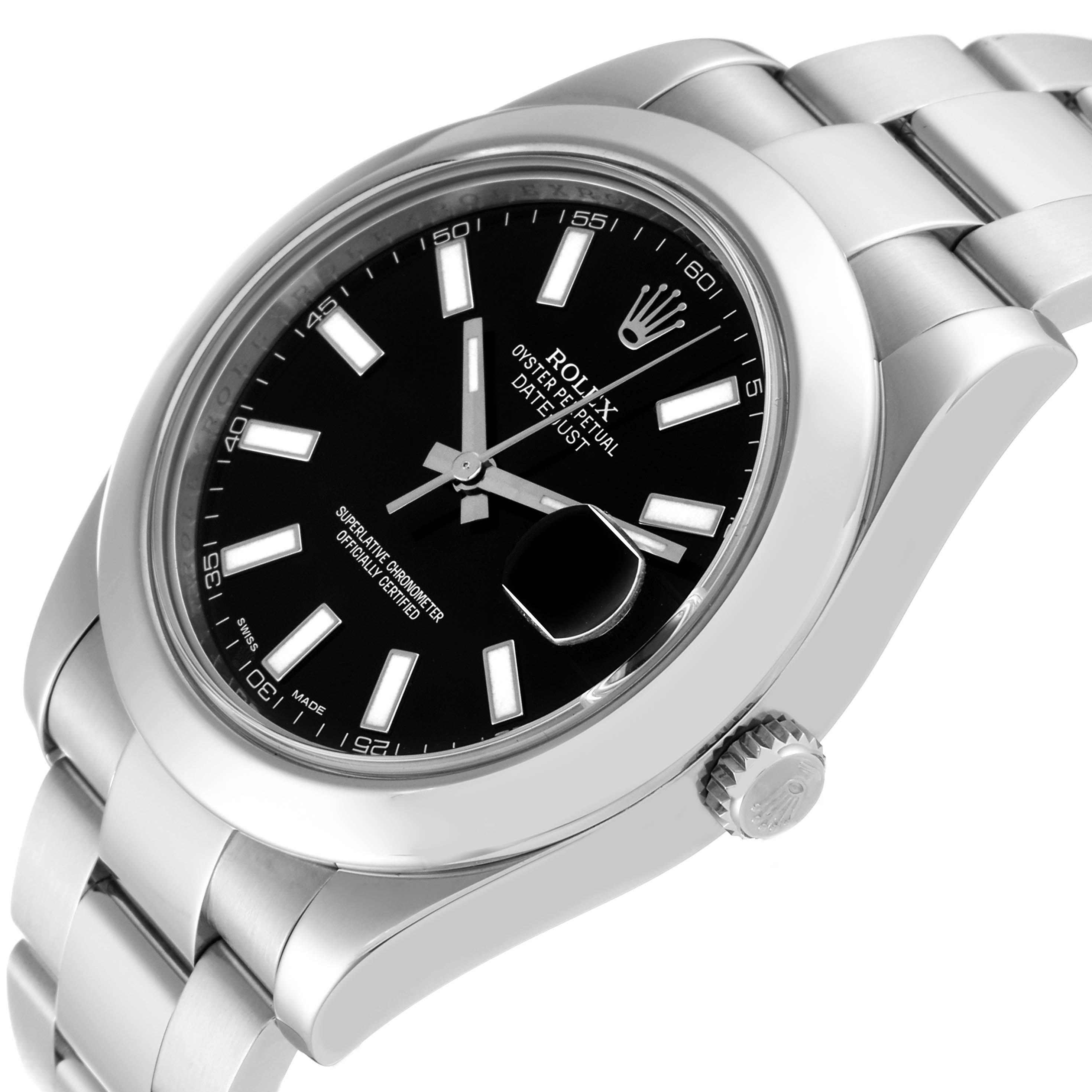 The Rolex Datejust 41 116300 Men
s Stainless Steel Black Dial 116300 Men
s Stainless Steel Black Dial watch is shown at a slight side angle, displaying the face, bezel, bracelet, and crown.