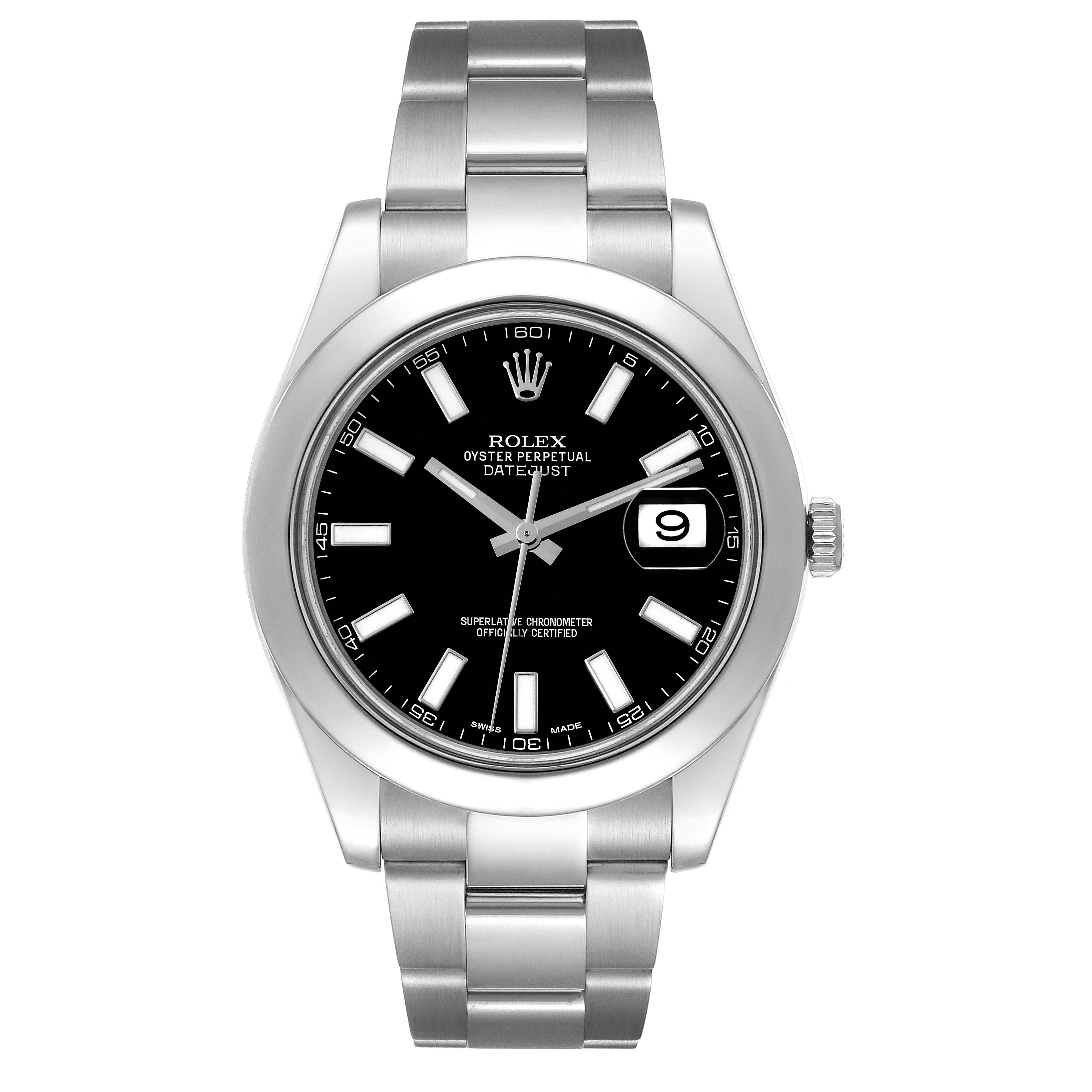 This is a front view of the Rolex Datejust 41 116300 Men
s Stainless Steel Black Dial 116300 Men
s Stainless Steel Black Dial, showcasing the black dial, date window, and metal bracelet.