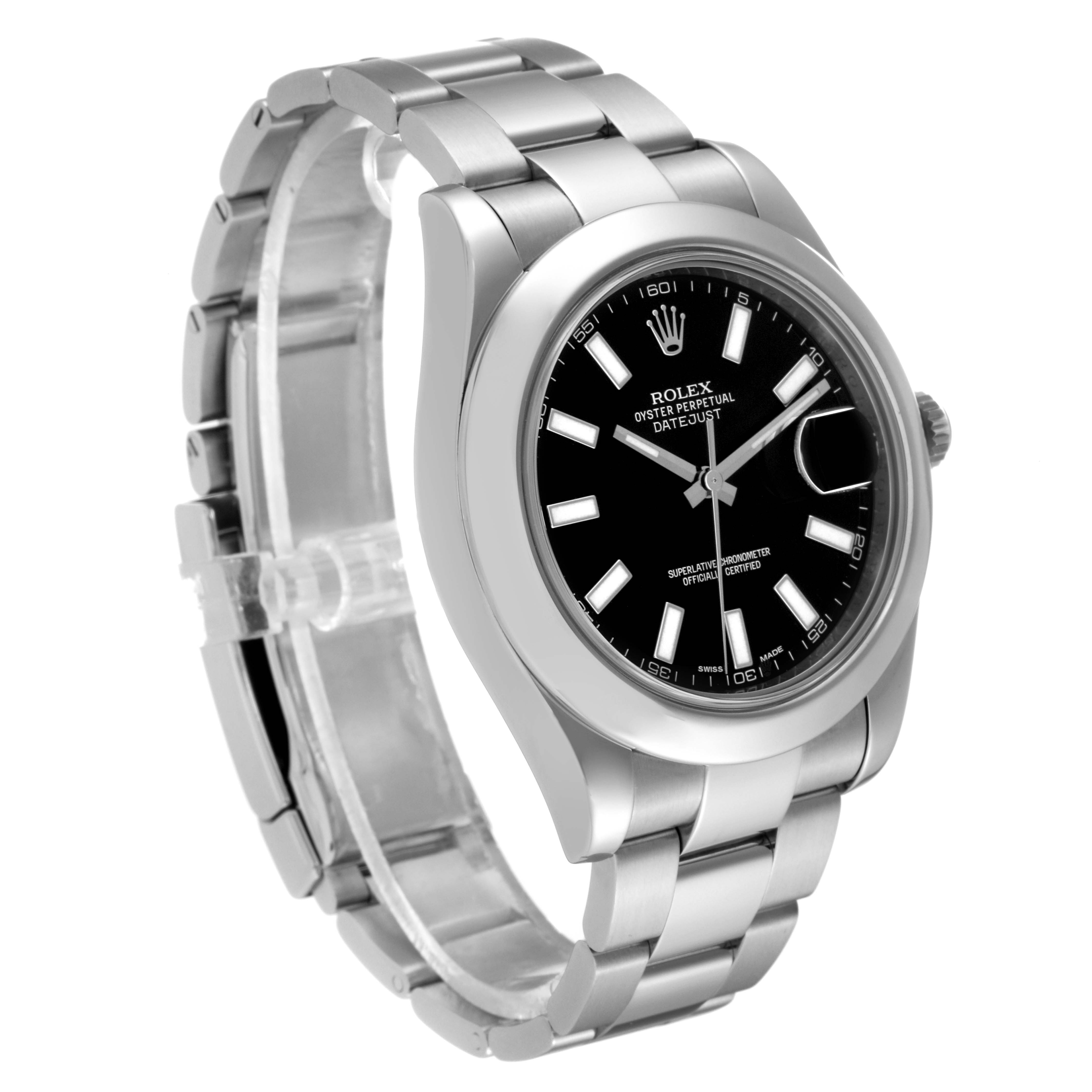 The image shows a three-quarter side view of the Rolex Datejust 41 116300 Men
s Stainless Steel Black Dial 116300 Men
s Stainless Steel Black Dial watch, highlighting its black dial and stainless steel bracelet.