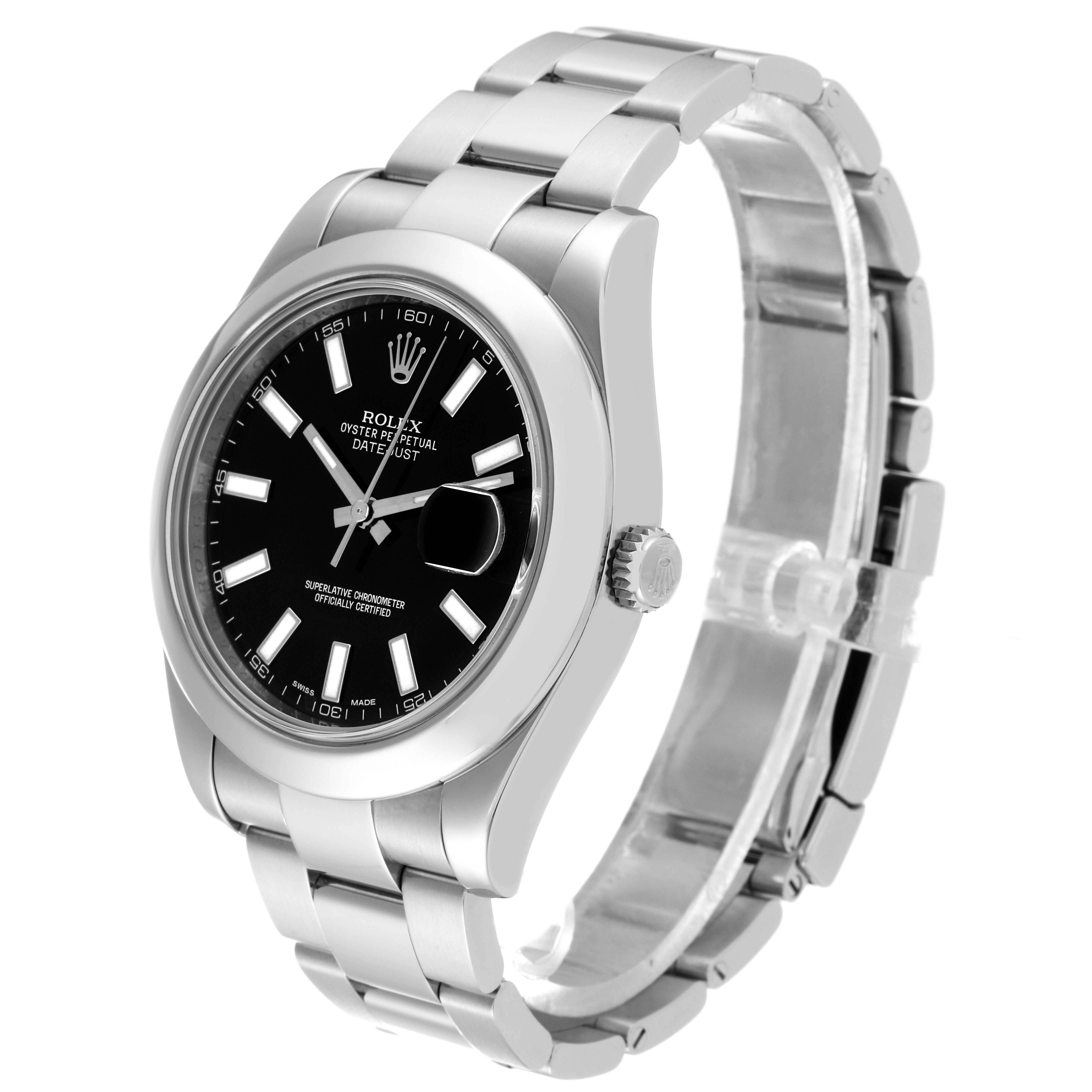 The image shows a Rolex Datejust 41 116300 Men
s Stainless Steel Black Dial 116300 Men
s Stainless Steel Black Dial watch at a three-quarter angle, displaying the face, bezel, crown, and part of the bracelet.