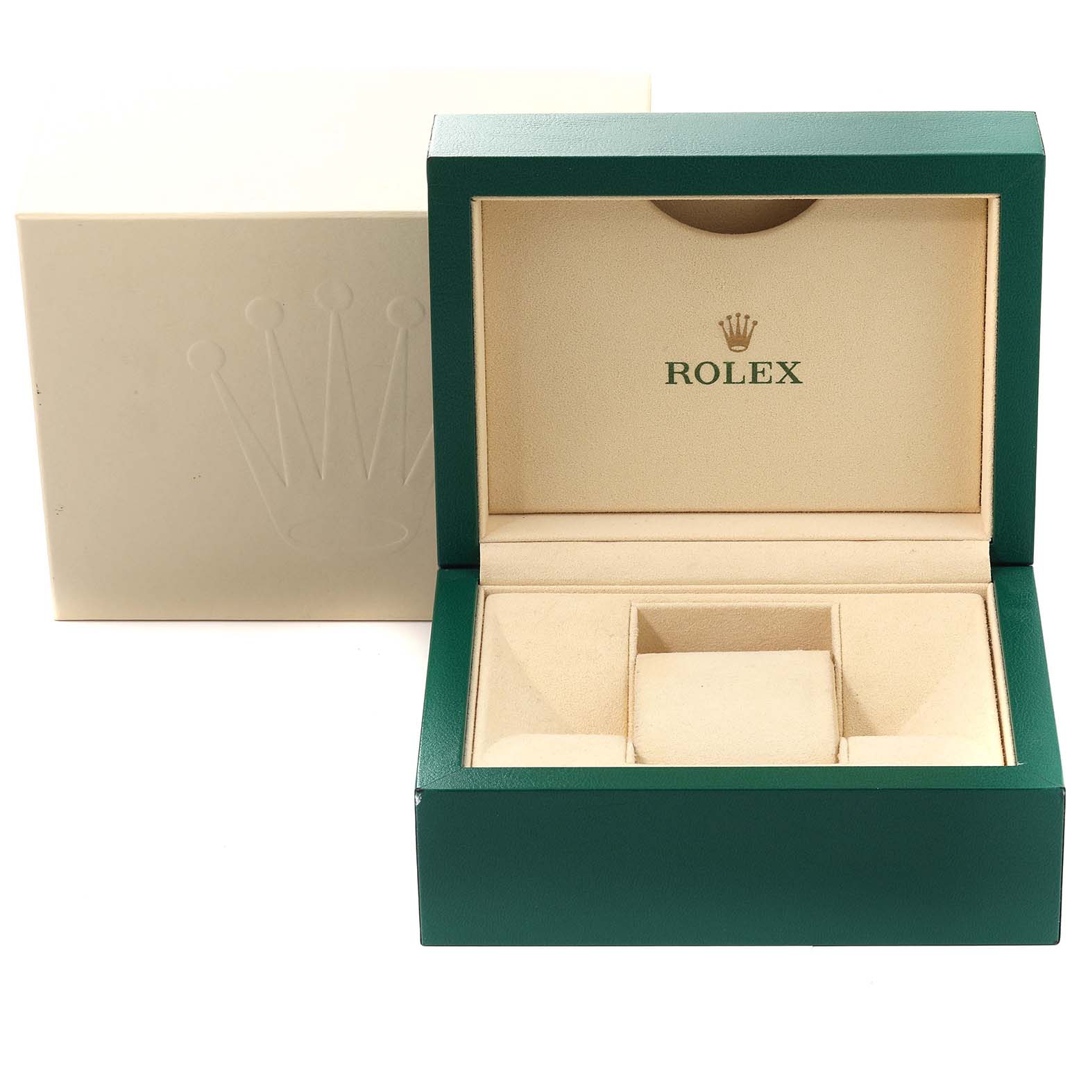 The image shows an open Rolex Datejust 41 116300 Men
s Stainless Steel Black Dial 116300 Men
s Stainless Steel Black Dial watch box from a front angle, displaying the interior compartments.