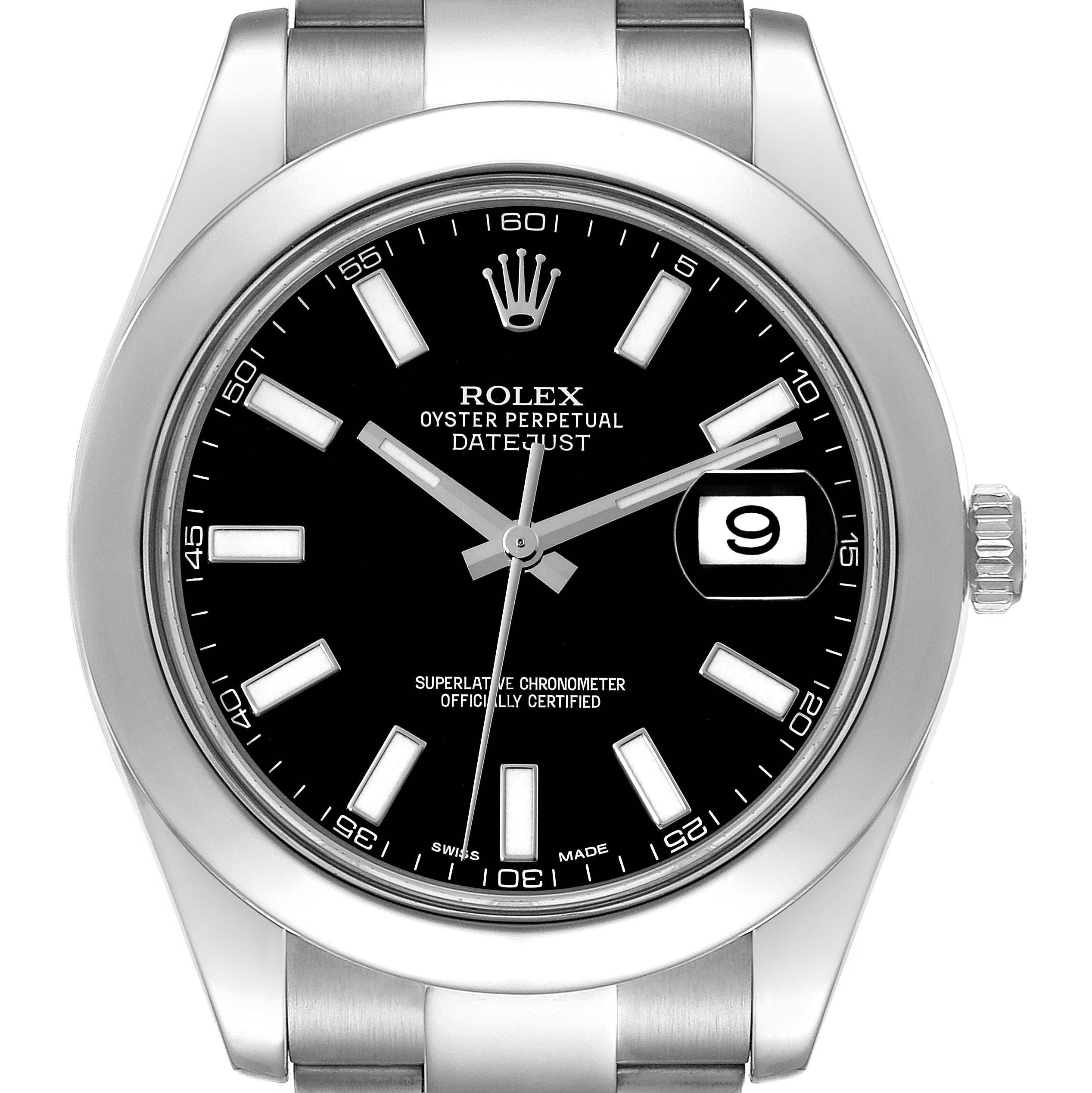 This image shows a front view of a Rolex Datejust 41 116300 Men
s Stainless Steel Black Dial 116300 Men
s Stainless Steel Black Dial, highlighting its bezel, black dial, date window, and bracelet.