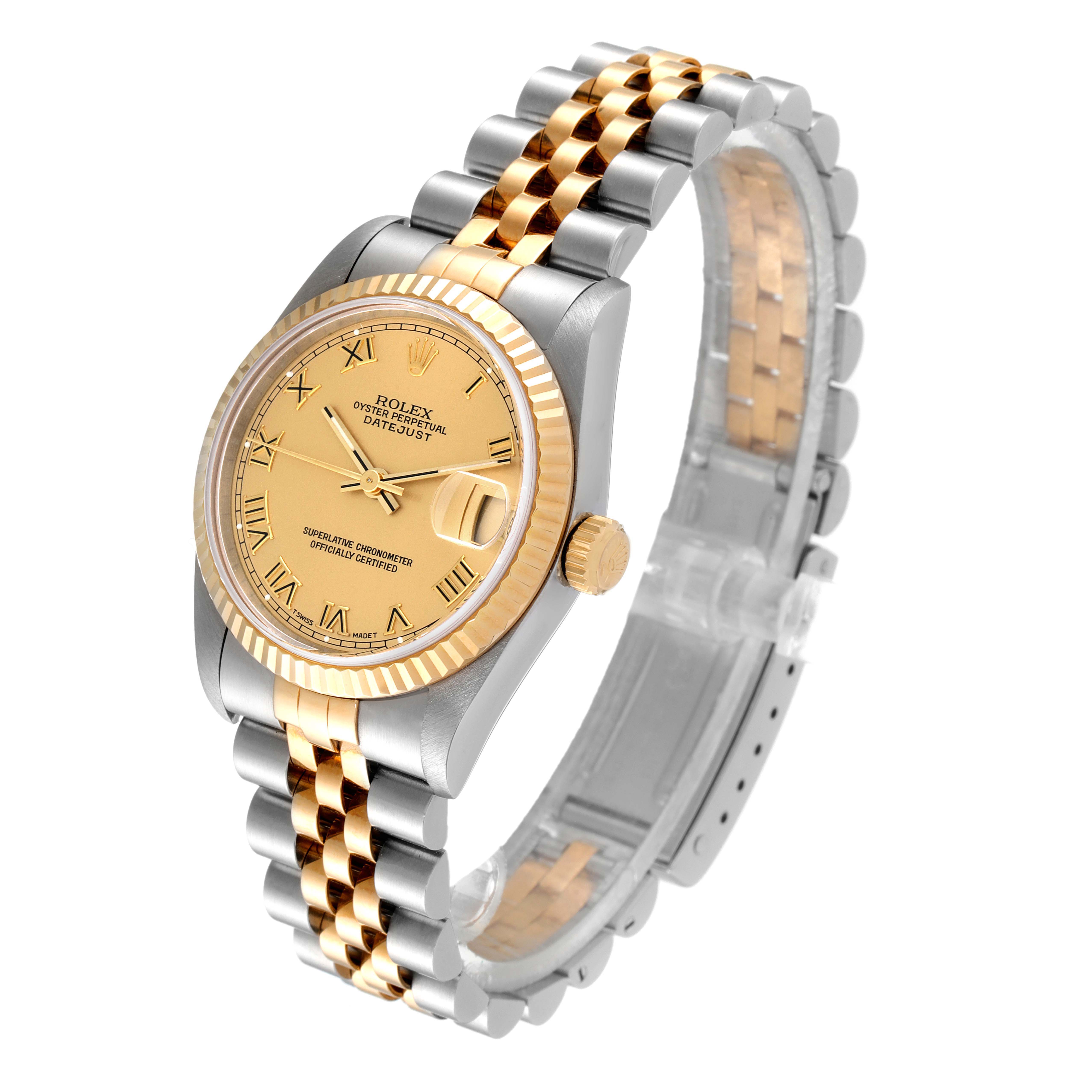 This image shows a side and angled view of a Rolex Mid-Size 68273 Women
s Steel and Gold (two tone) Champagne Dial 68273 Women
s Steel and Gold (two tone) Champagne Dial Oyster Perpetual Datejust watch, highlighting the dial, bezel, crown, and bracelet.