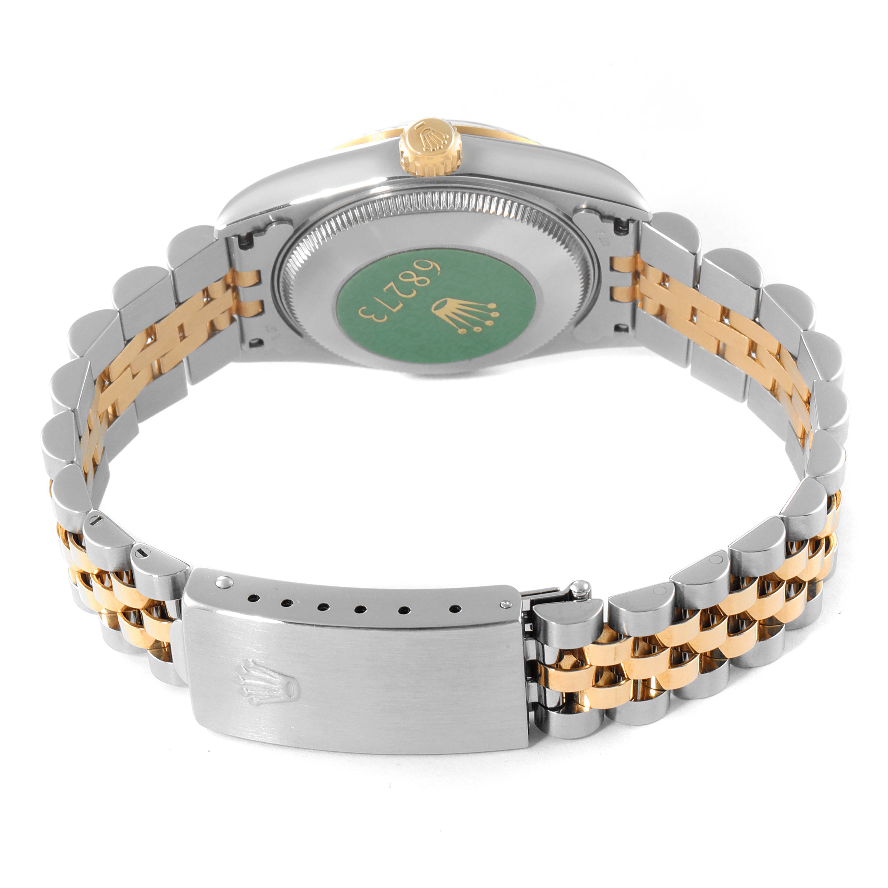This image shows the rear angle of a Rolex Mid-Size 68273 Women
s Steel and Gold (two tone) Champagne Dial 68273 Women
s Steel and Gold (two tone) Champagne Dial watch, displaying its clasp, bracelet, and case back.