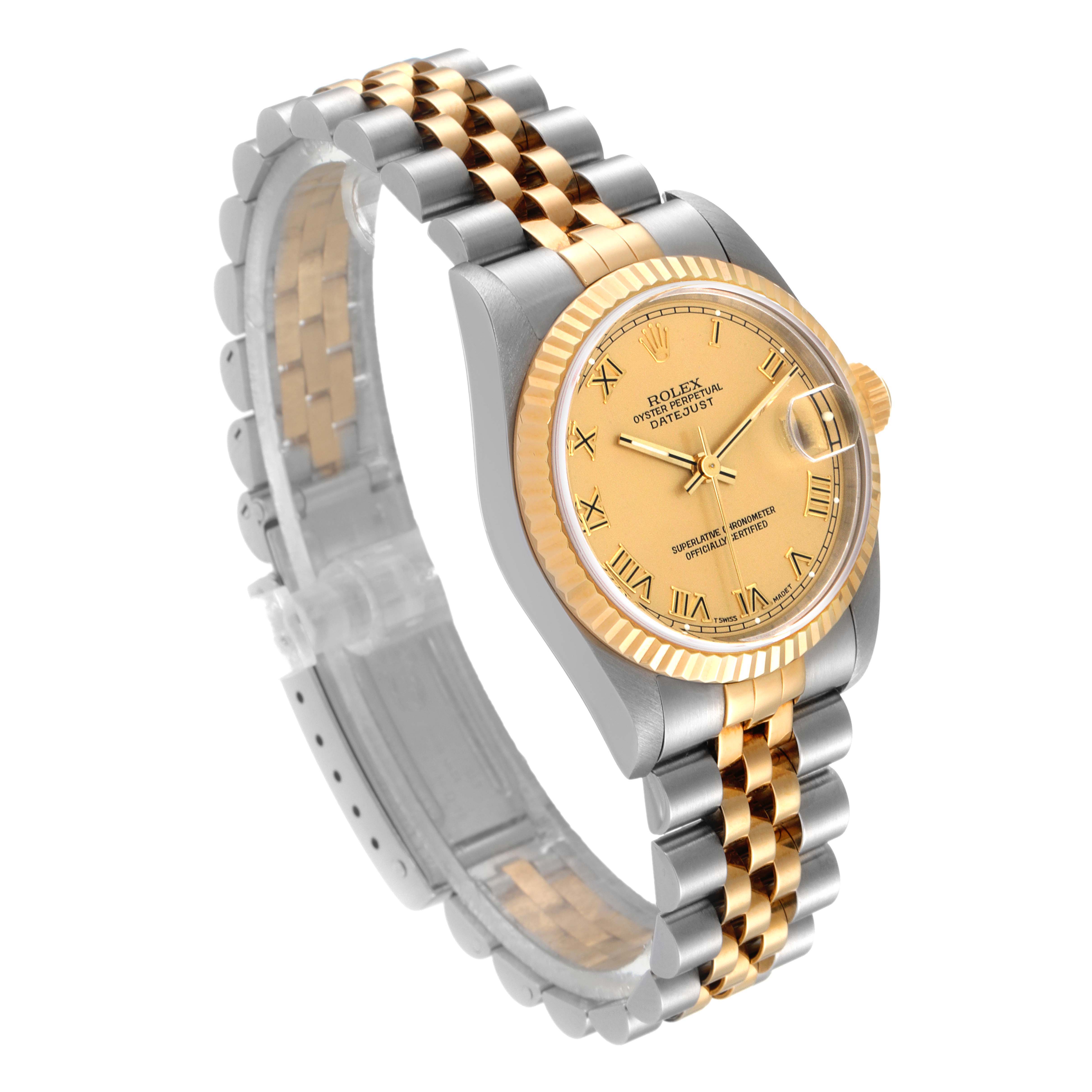 The Rolex Mid-Size 68273 Women
s Steel and Gold (two tone) Champagne Dial 68273 Women
s Steel and Gold (two tone) Champagne Dial model watch is shown at an angle displaying the face, bezel, crown, and bracelet.