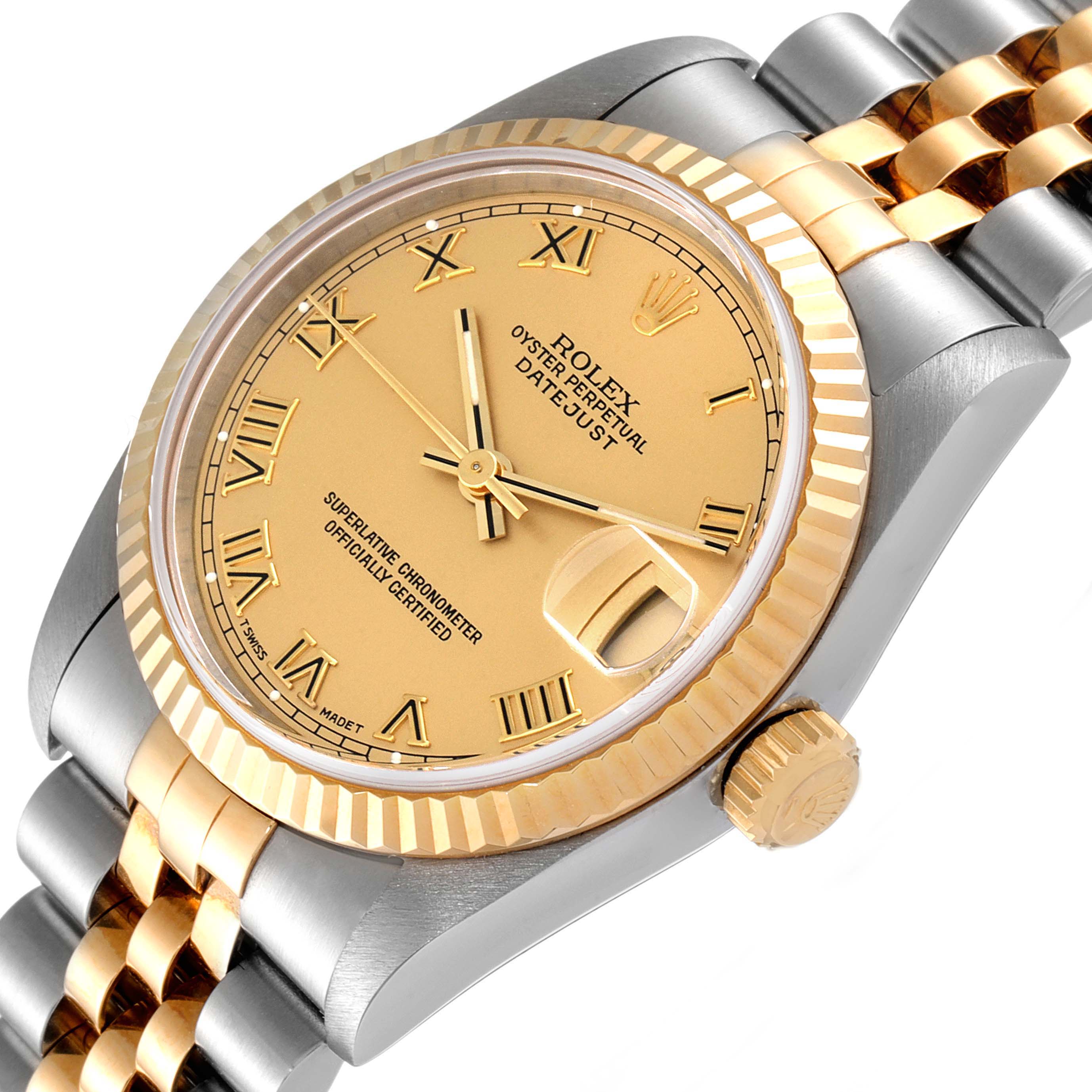 The image shows a close-up angled view of the dial, bezel, crown, and part of the bracelet of the Rolex Mid-Size 68273 Women
s Steel and Gold (two tone) Champagne Dial 68273 Women
s Steel and Gold (two tone) Champagne Dial Datejust watch.