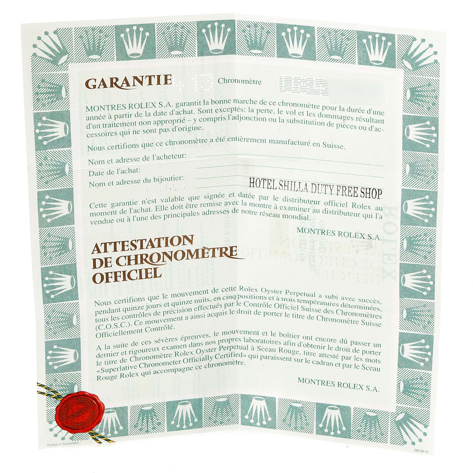 The image shows the warranty and official chronometer certification documents for a Rolex Mid-Size 68273 Women
s Steel and Gold (two tone) Champagne Dial 68273 Women
s Steel and Gold (two tone) Champagne Dial model watch.