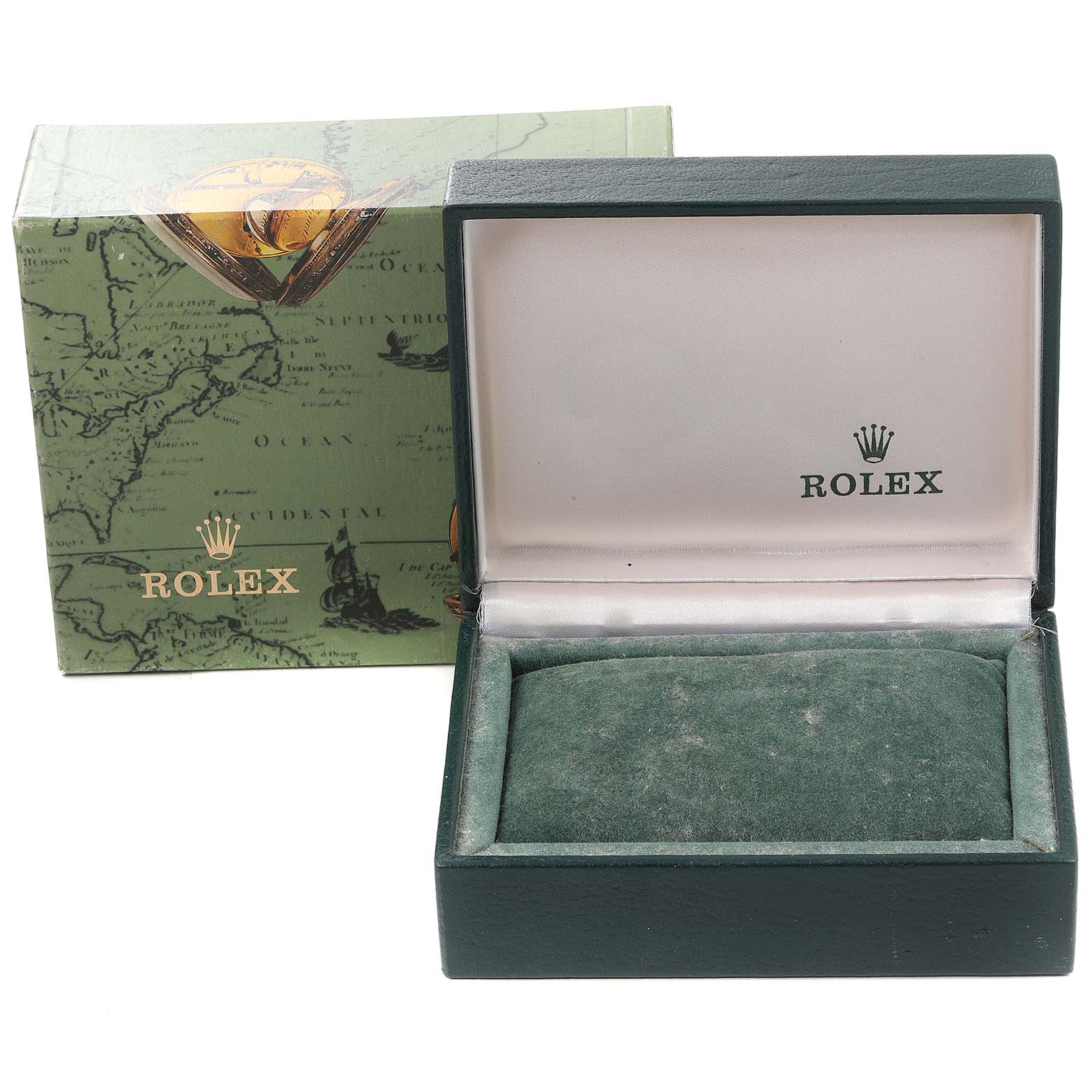 The image shows a Rolex Mid-Size 68273 Women
s Steel and Gold (two tone) Champagne Dial 68273 Women
s Steel and Gold (two tone) Champagne Dial watch box and outer box, taken from a front angle with the lid open.