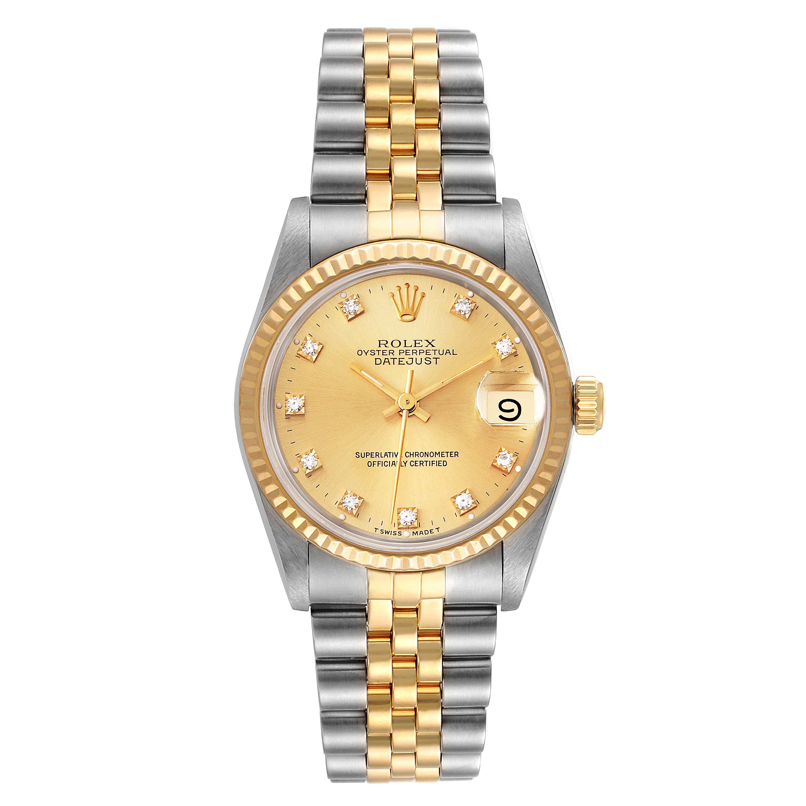 The image shows a front view of a Rolex Oyster Perpetual Datejust Mid-Size watch with a gold dial and two-tone bracelet.