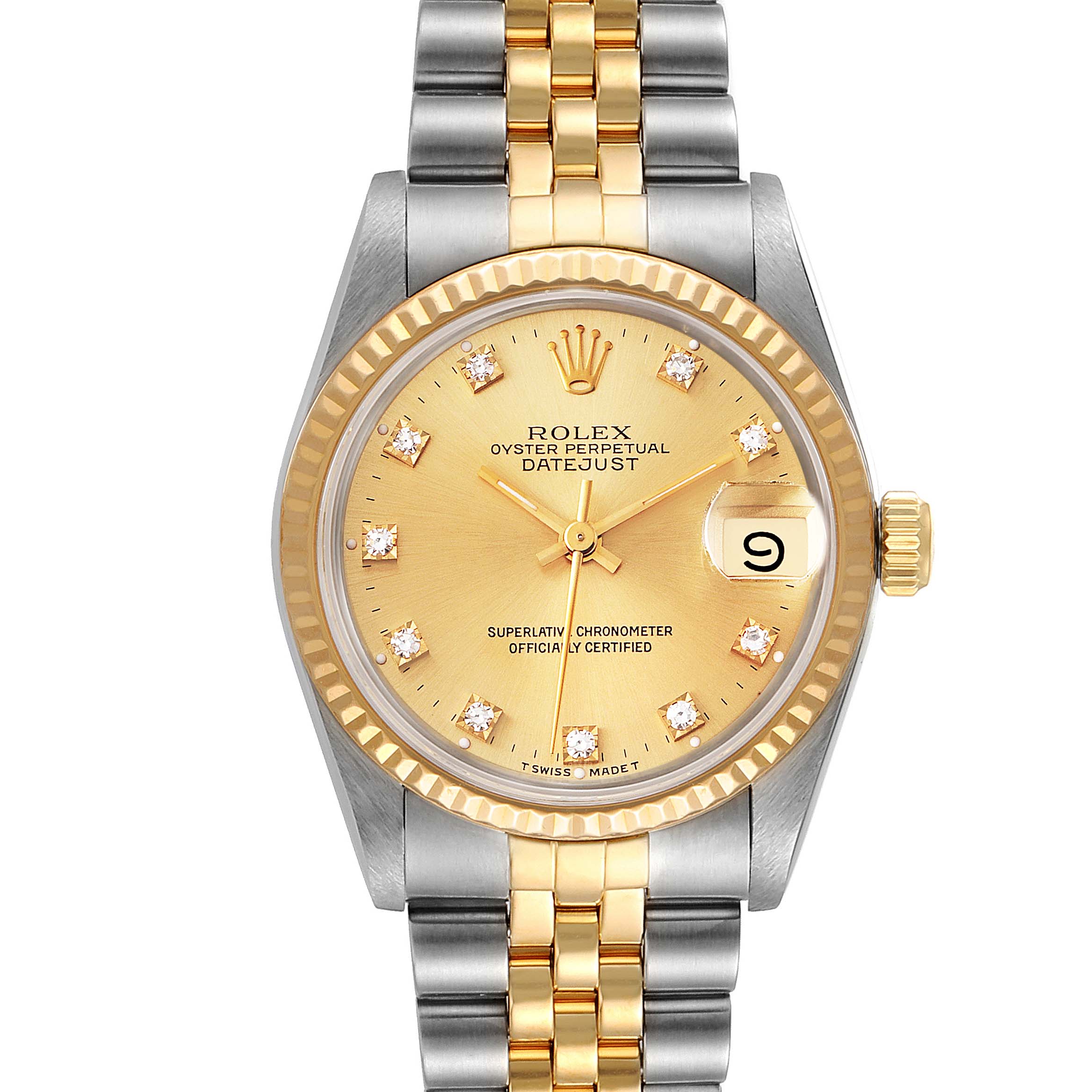 This image shows a front view of a Mid-Size Rolex Oyster Perpetual Datejust watch, highlighting the dial, bezel, and bracelet.