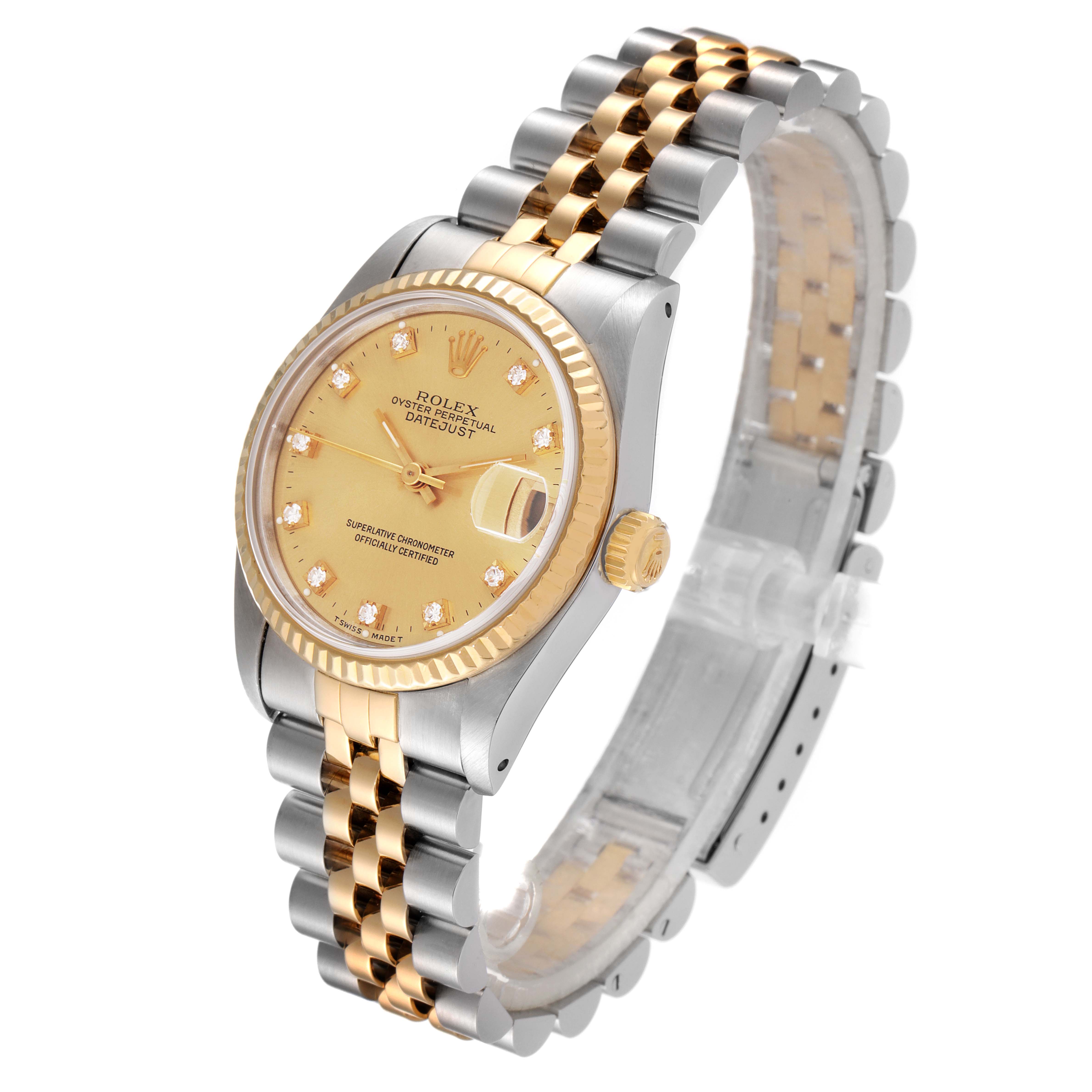 The image shows a Rolex Mid-Size 68273 Women
s Steel and Gold (two tone) Champagne Dial 68273 Women
s Steel and Gold (two tone) Champagne Dial Oyster Perpetual Datejust watch at an angled side view, highlighting the face, crown, and bracelet.