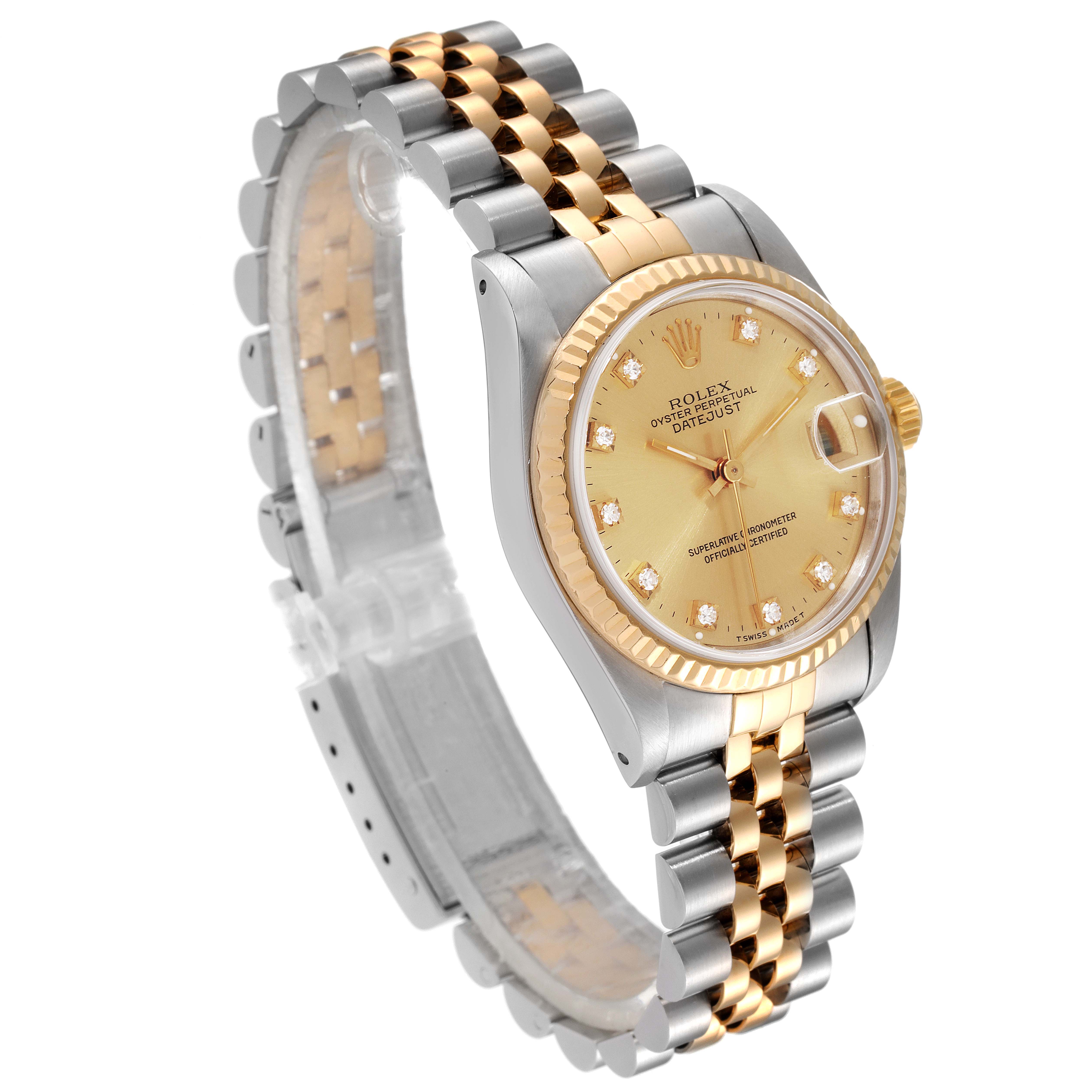 The image shows a Rolex Mid-Size 68273 Women
s Steel and Gold (two tone) Champagne Dial 68273 Women
s Steel and Gold (two tone) Champagne Dial model watch at an angled view, highlighting its dial, bracelet, and crown.