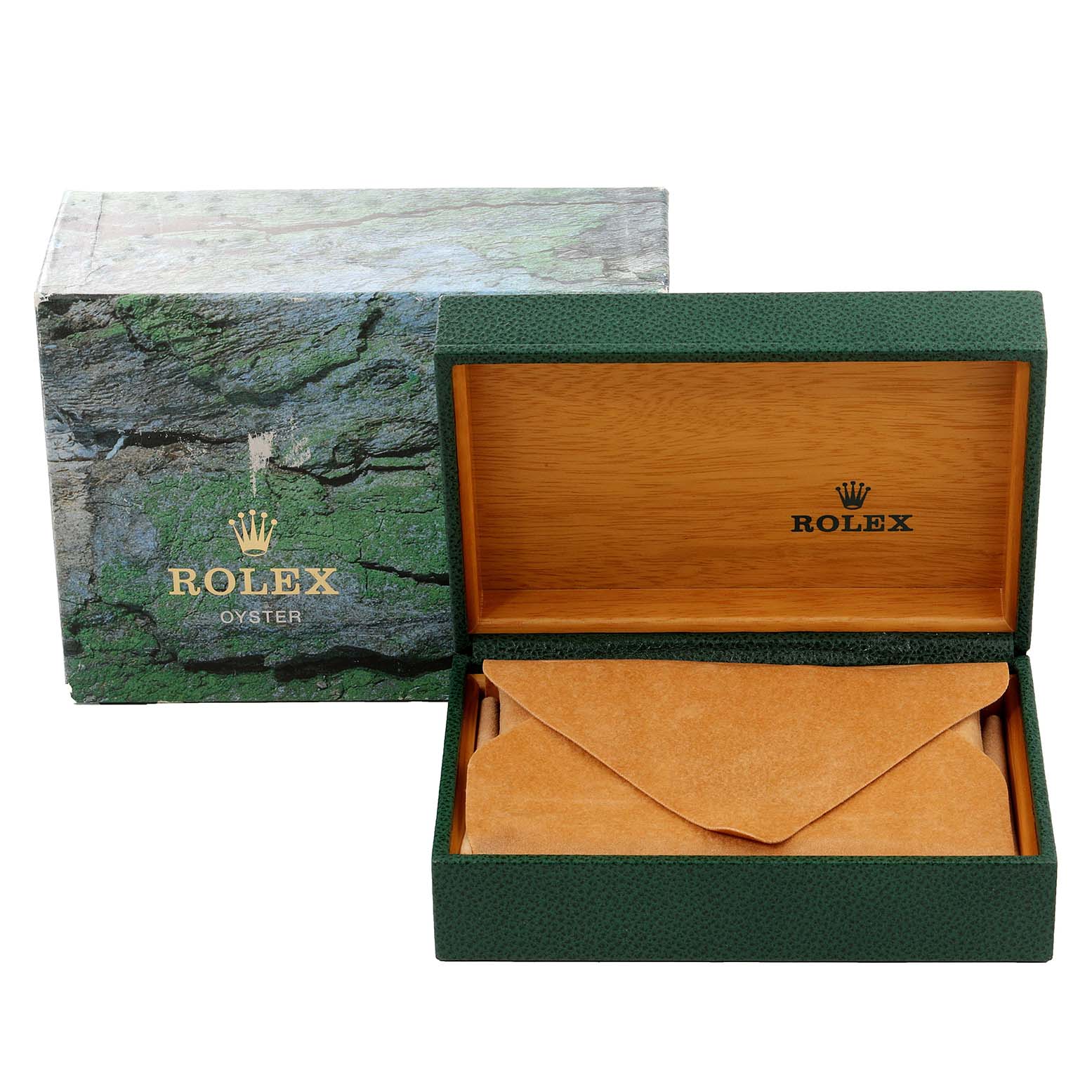 The image shows a Rolex Oyster Mid-Size watch box and case, partially open with a suede pouch inside.