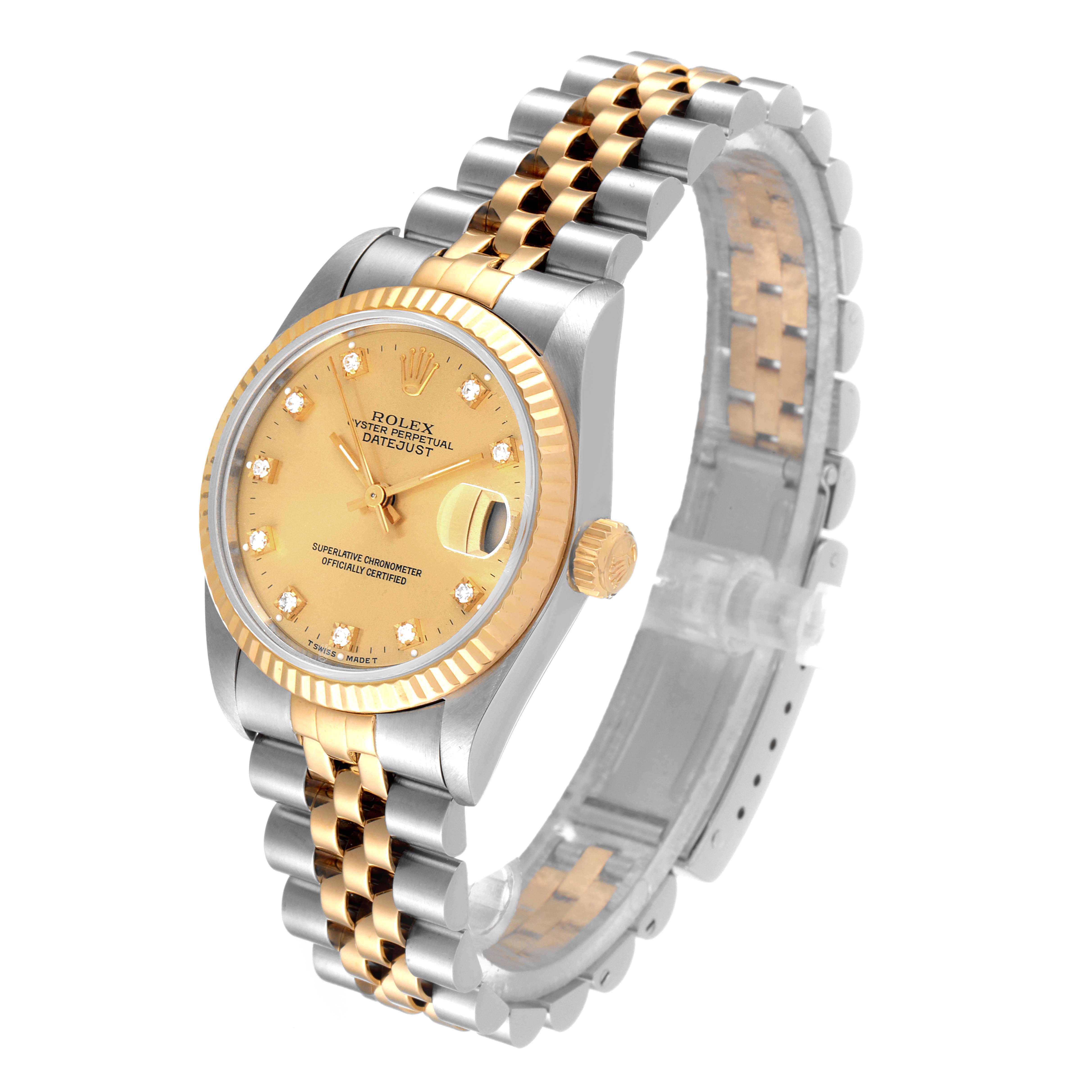 The Rolex Mid-Size 68273 Women
s Steel and Gold (two tone) Champagne Dial 68273 Women
s Steel and Gold (two tone) Champagne Dial model watch is shown from a front angle, highlighting the dial, bezel, bracelet, and crown.