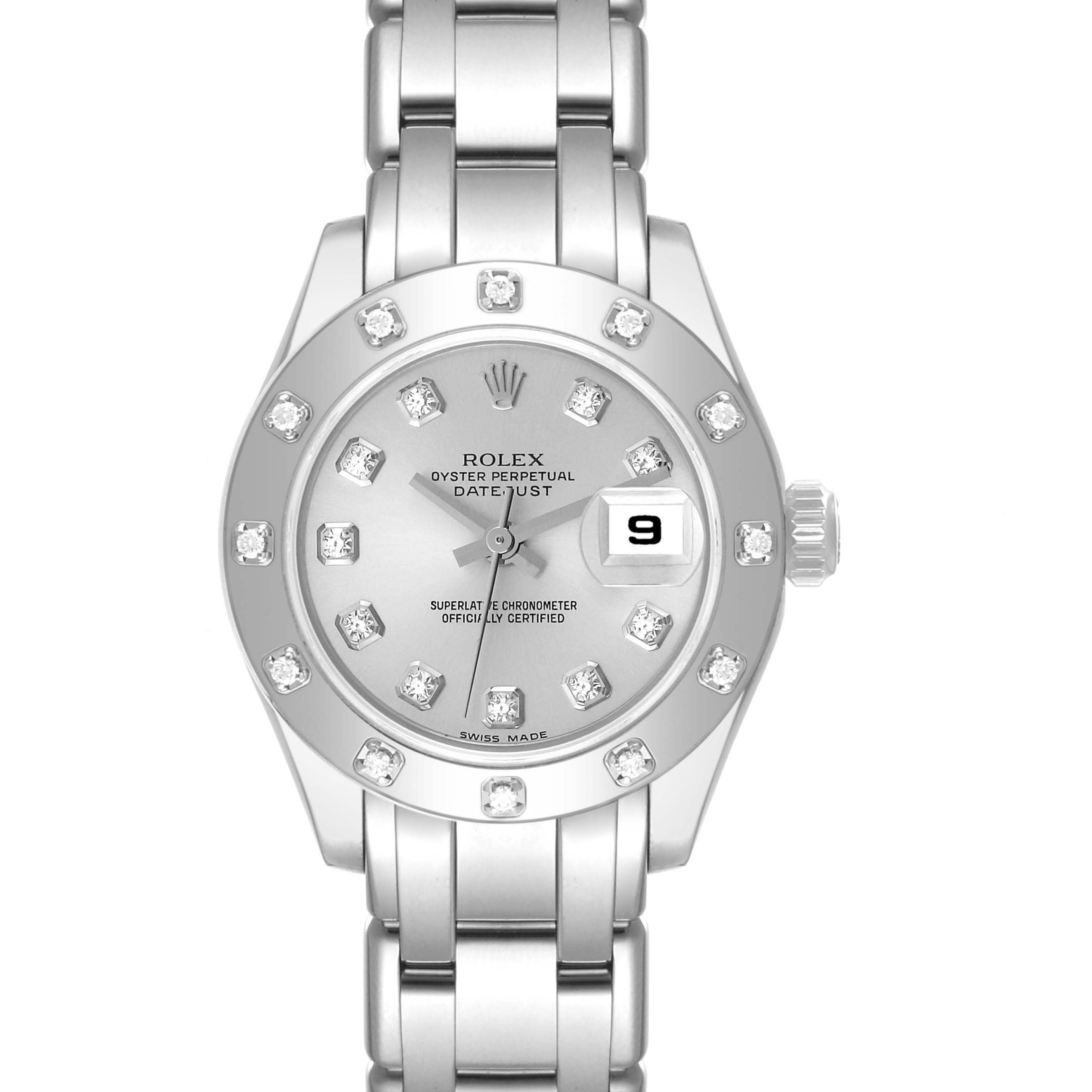 This image shows a front-facing view of the Rolex Pearlmaster 80319 Women's White Gold Silver Dial 80319 Women's White Gold Silver Dial watch, displaying its dial, bezel, bracelet, and date window.