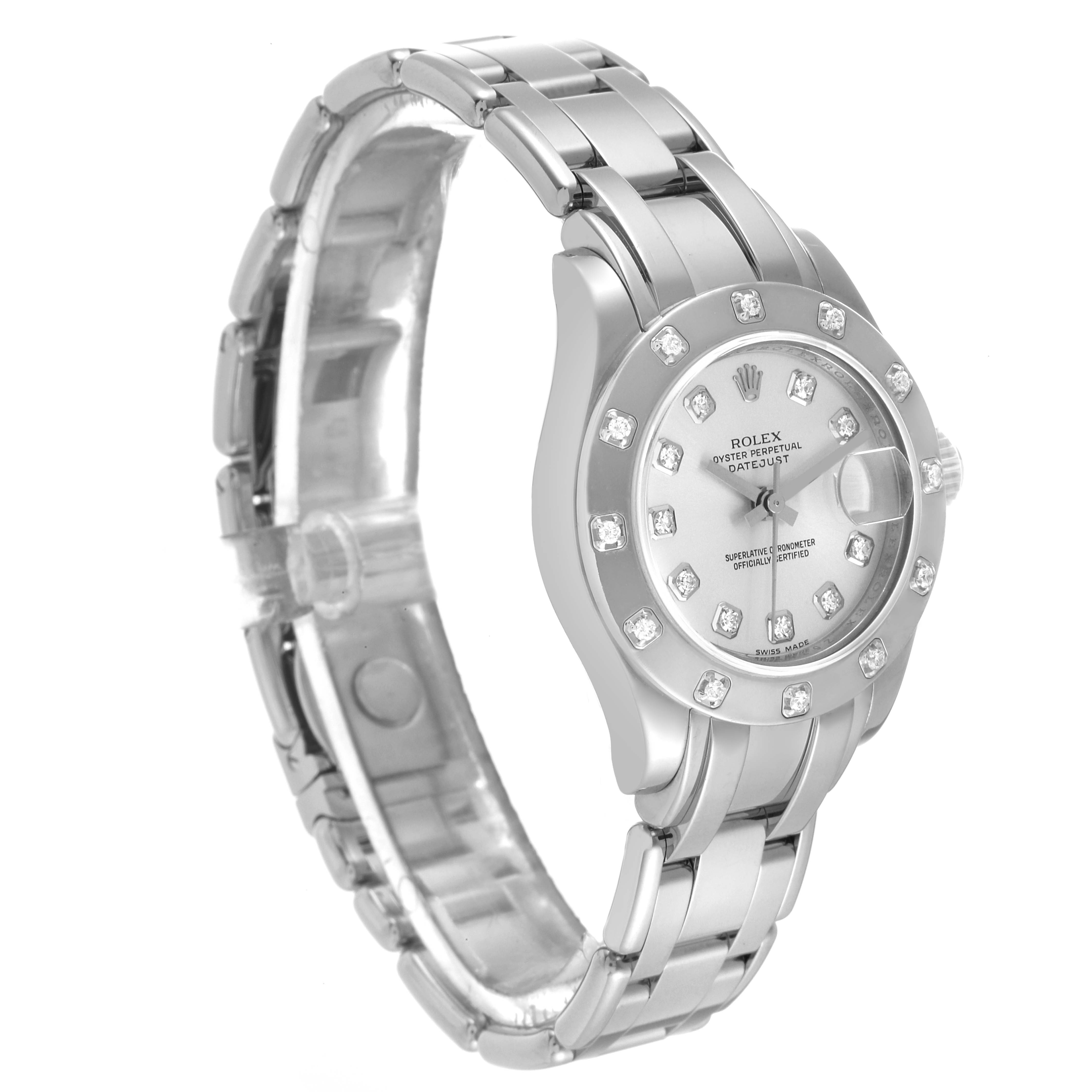 The Rolex Pearlmaster 80319 Women's White Gold Silver Dial 80319 Women's White Gold Silver Dial watch is shown at a slight angle featuring the bracelet, dial, bezel, and crown prominently.