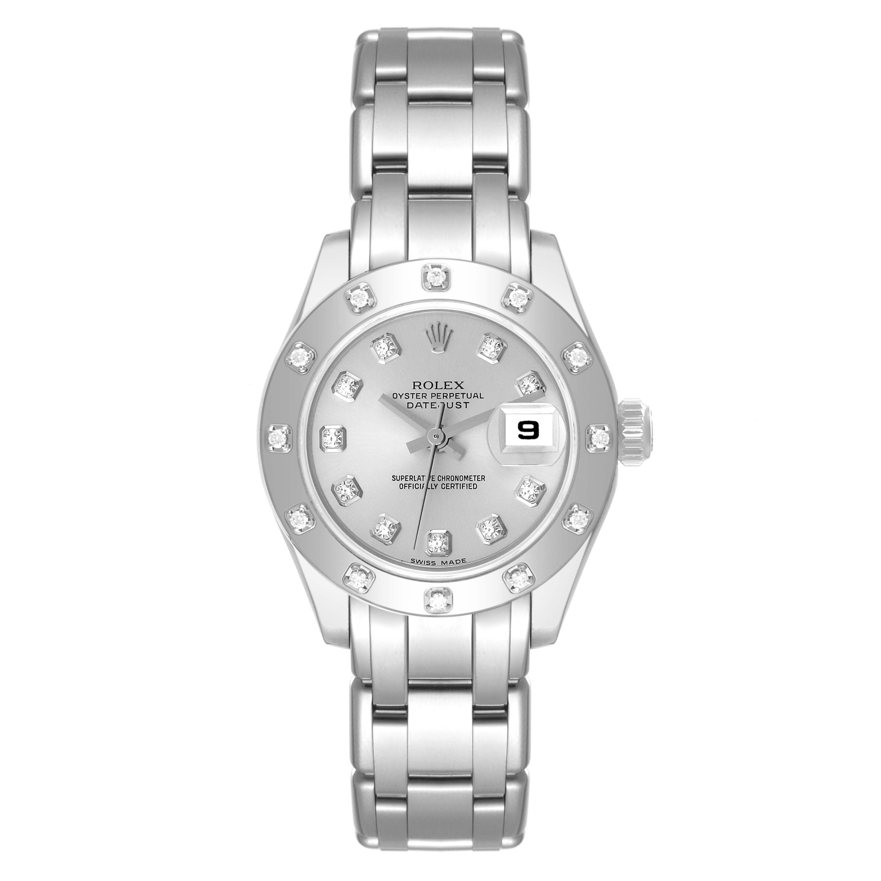 The Rolex Pearlmaster 80319 Women's White Gold Silver Dial 80319 Women's White Gold Silver Dial watch is shown from a front view; displaying the dial, bezel, and bracelet.