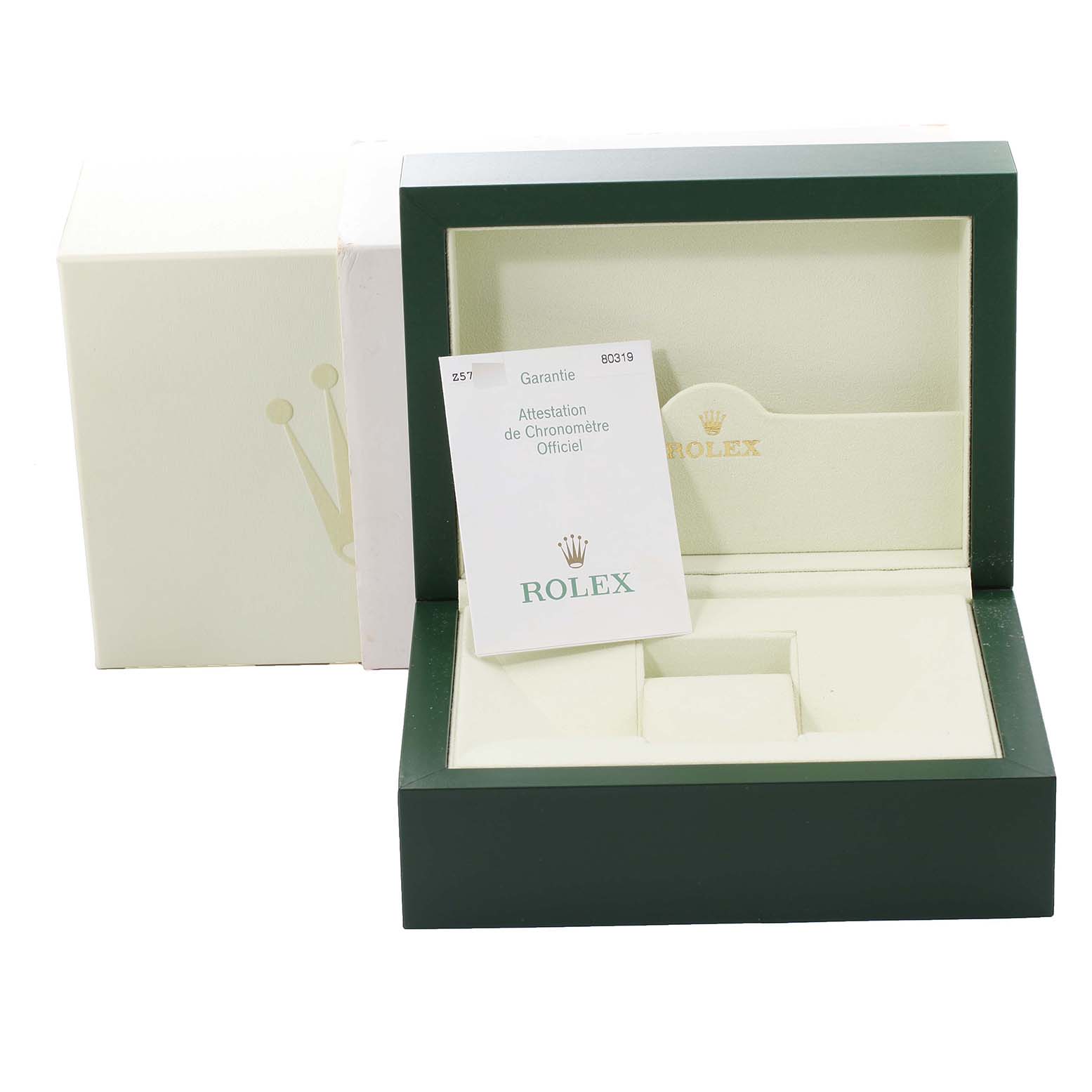 The image shows the open box and warranty card for the Rolex Pearlmaster 80319 Women's White Gold Silver Dial 80319 Women's White Gold Silver Dial watch.