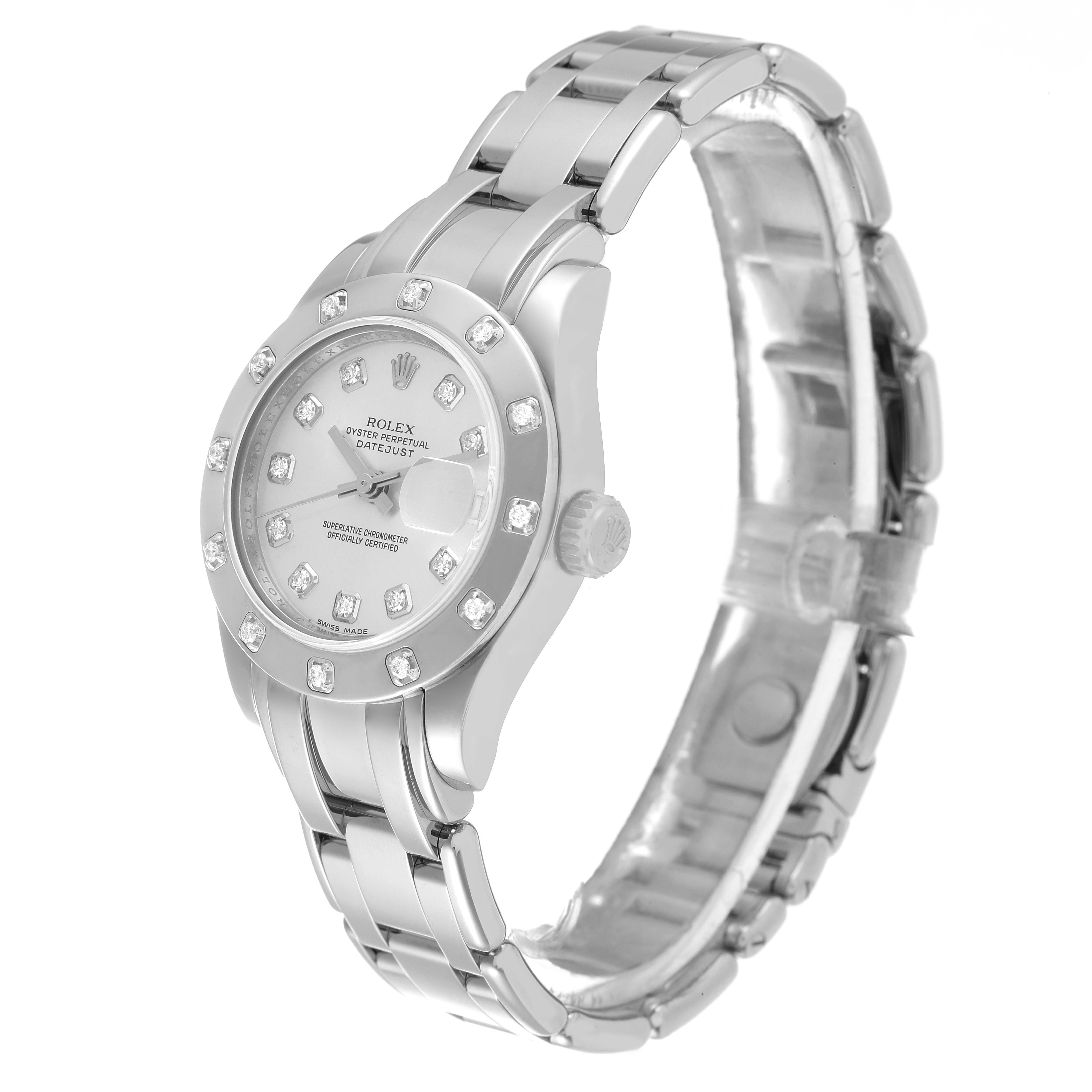 The image shows a Rolex Pearlmaster 80319 Women's White Gold Silver Dial 80319 Women's White Gold Silver Dial watch at an angled view, featuring the dial, bezel, crown, and bracelet.