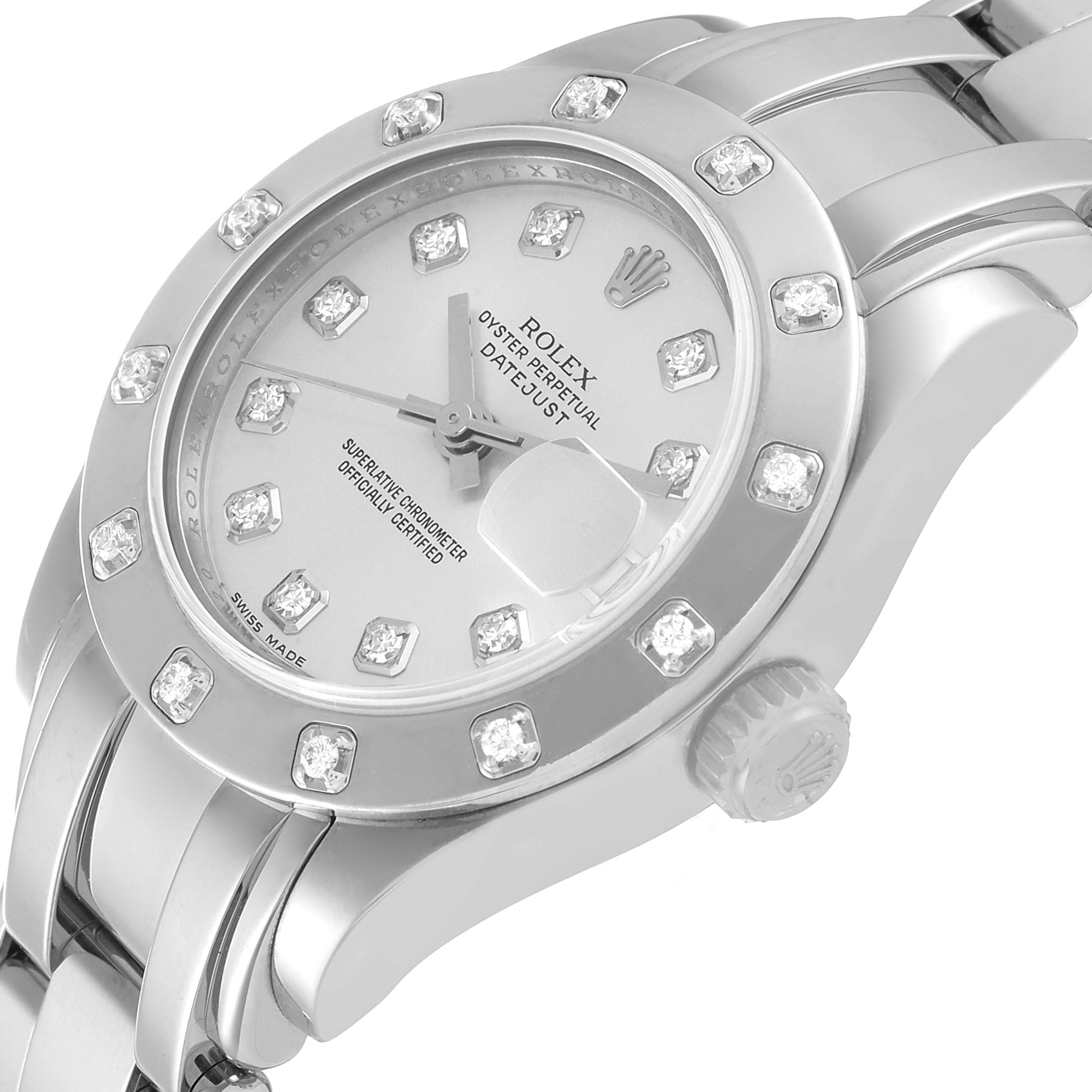 The image shows a close-up angle of the Rolex Pearlmaster 80319 Women's White Gold Silver Dial 80319 Women's White Gold Silver Dial watch, highlighting the face, bezel with diamonds, and part of the band.