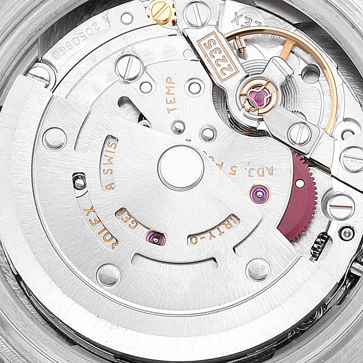 This image shows a close-up of the internal movement mechanism of a Rolex Pearlmaster 80319 Women's White Gold Silver Dial 80319 Women's White Gold Silver Dial watch.