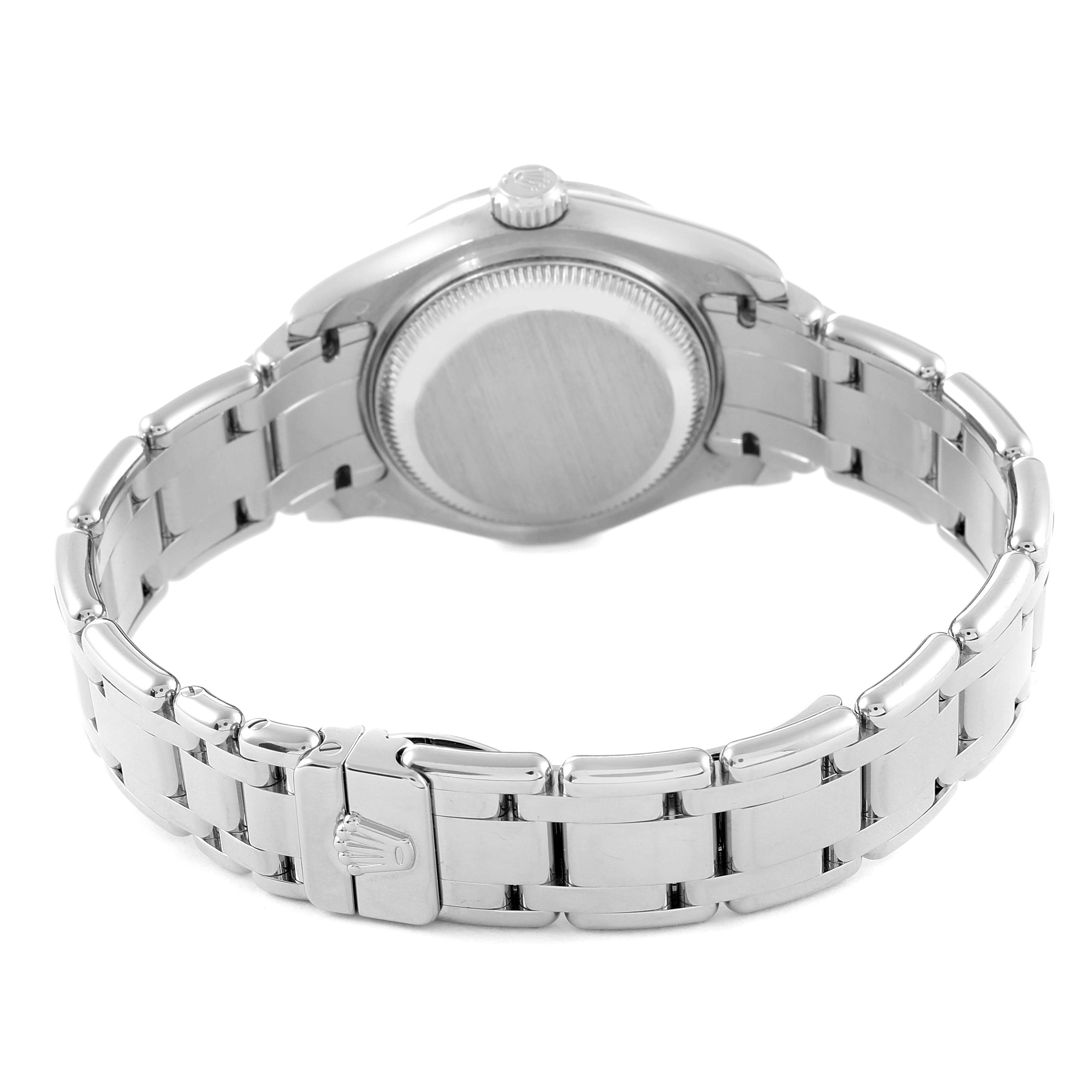 This image shows the back view of the Rolex Pearlmaster 80319 Women's White Gold Silver Dial 80319 Women's White Gold Silver Dial watch, highlighting its case back, bracelet, and clasp.