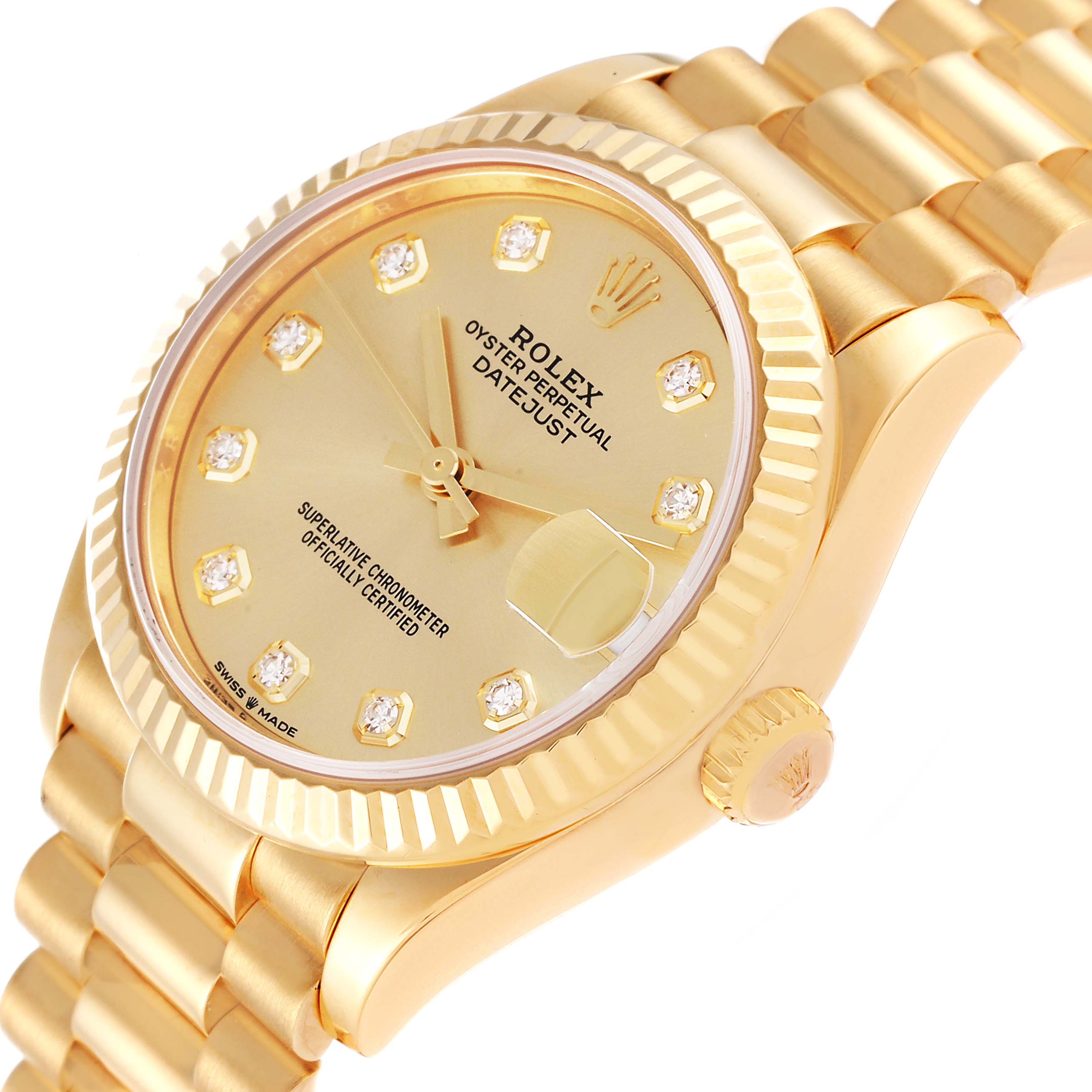 This image shows a close-up, angled view of the dial, bezel, and part of the bracelet for a Rolex Mid-Size Oyster Perpetual Datejust.