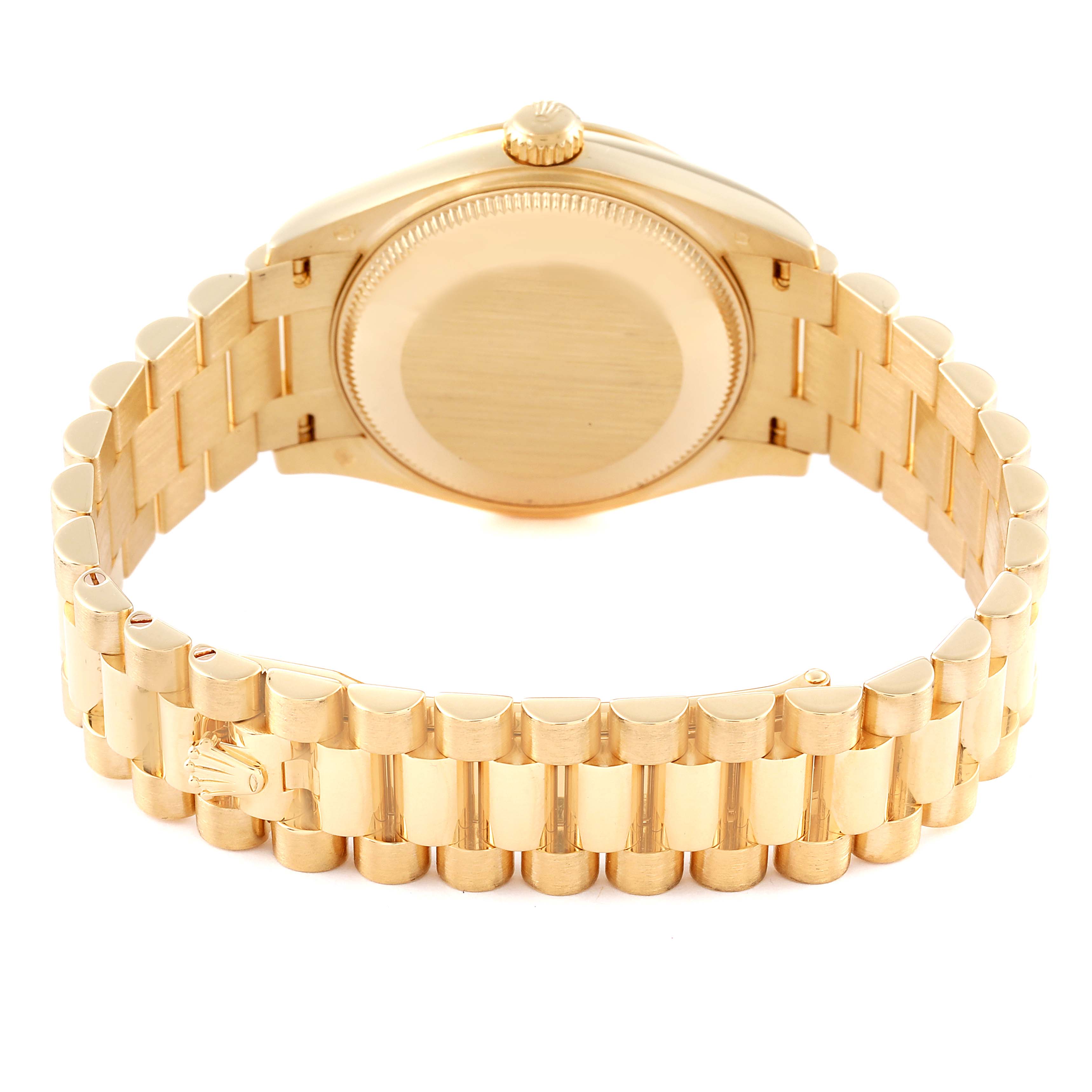 This image shows the back view of a Rolex Mid-Size watch, highlighting its case back and bracelet.