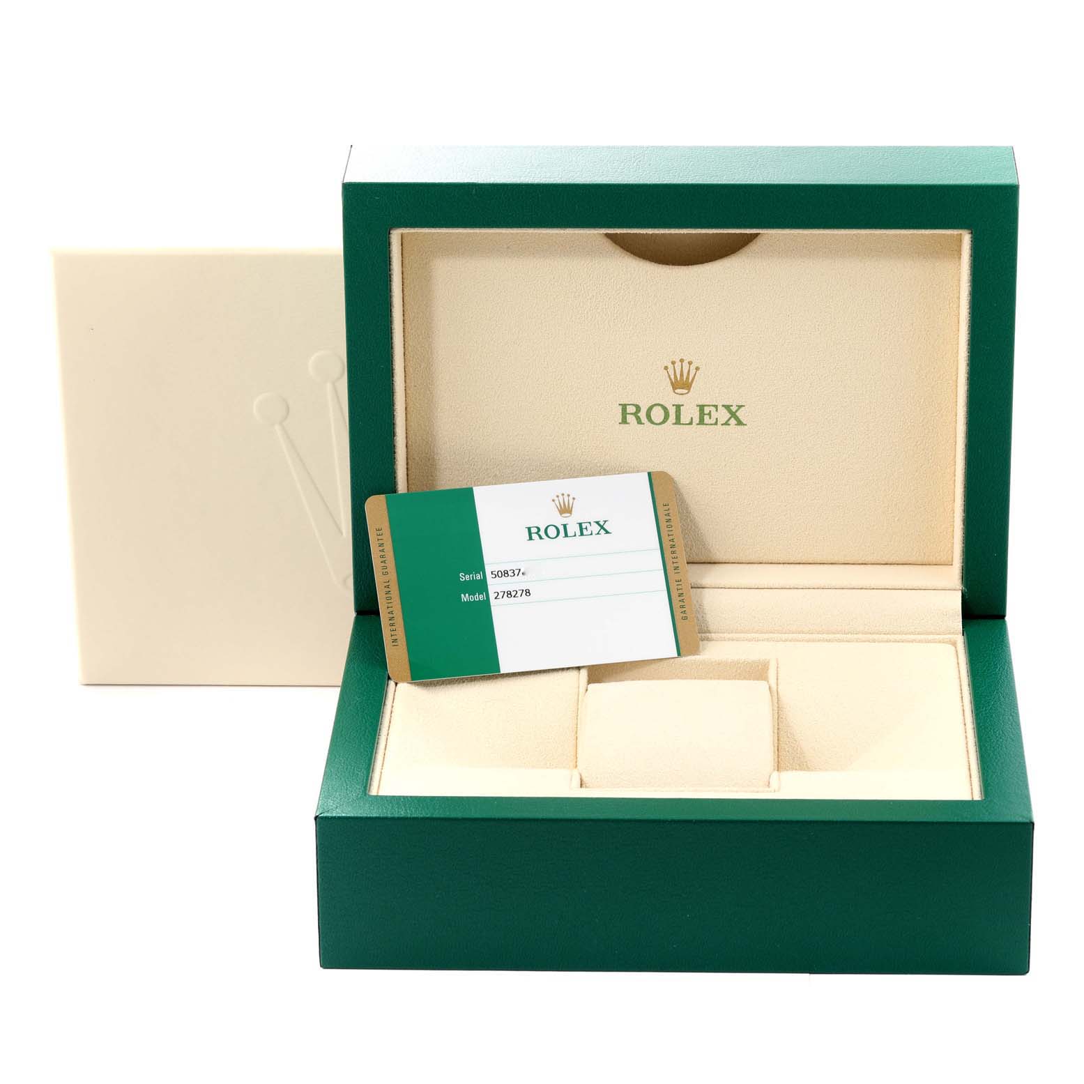 The image shows a Rolex Mid-Size model watch box and authenticity card from a front angle.