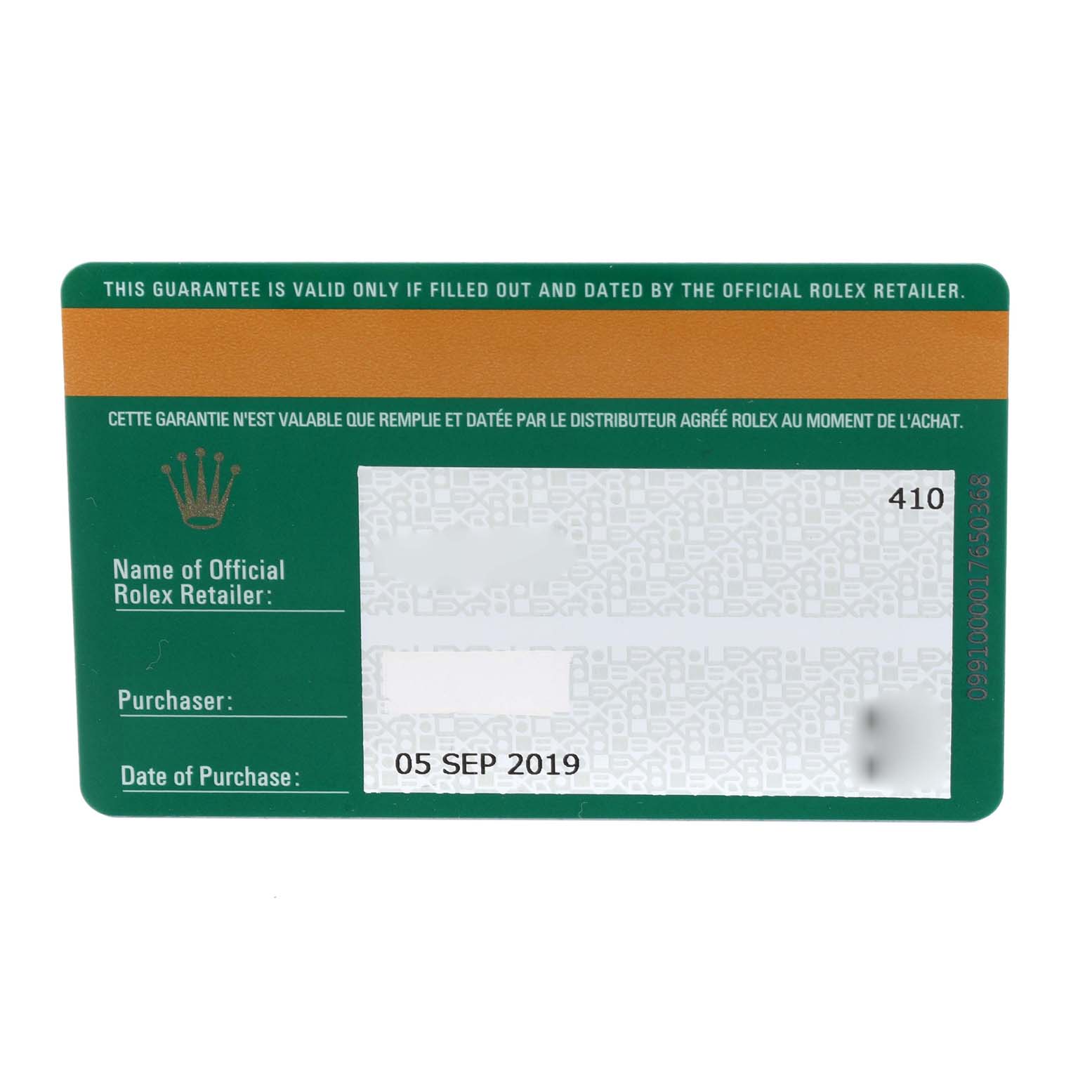 This image shows a Rolex guarantee card for a Mid-Size Rolex watch, detailing the retailer name, purchaser, and purchase date.