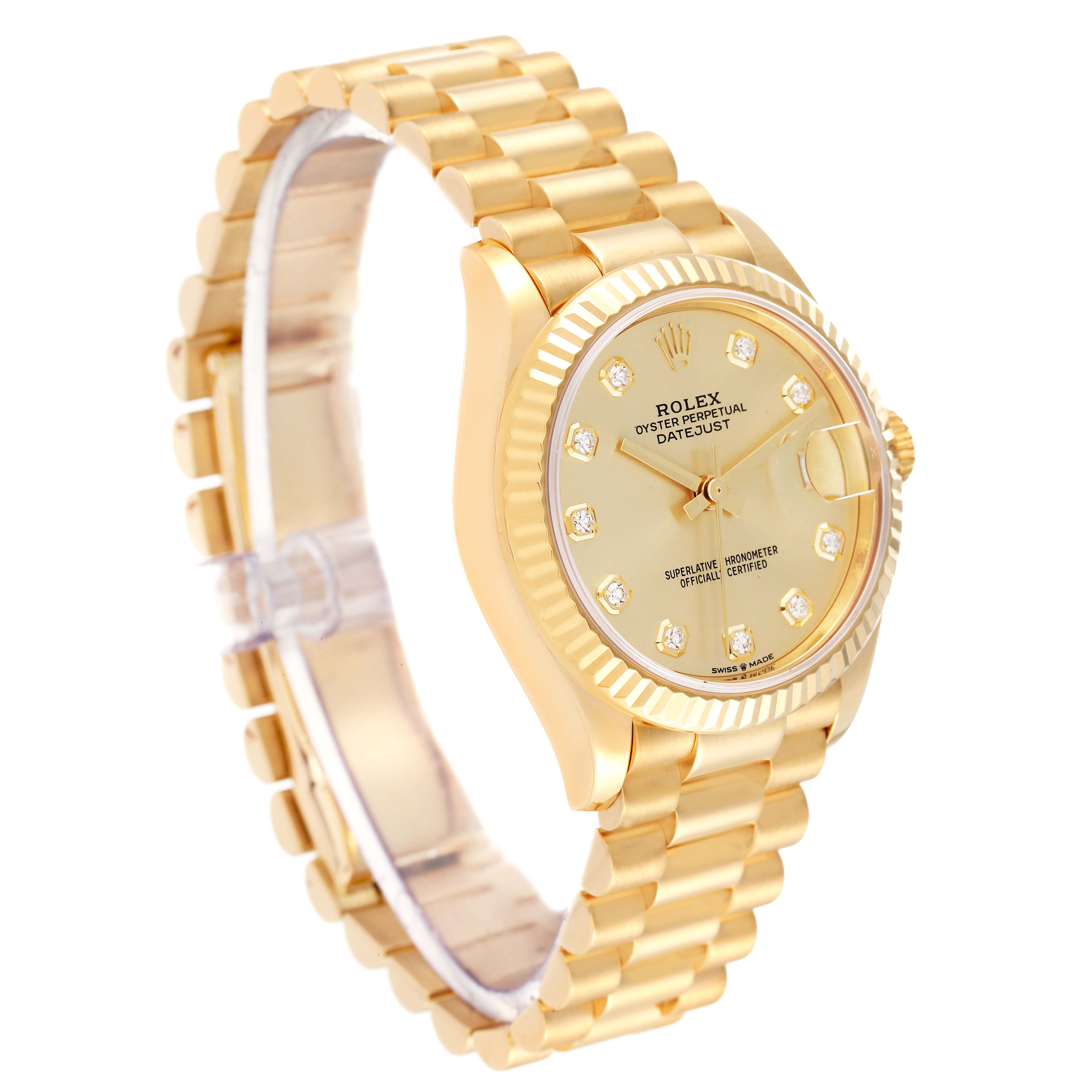 The image shows a side angle of a gold Rolex Mid-Size Oyster Perpetual Datejust watch, highlighting its bracelet and diamond-accented dial.