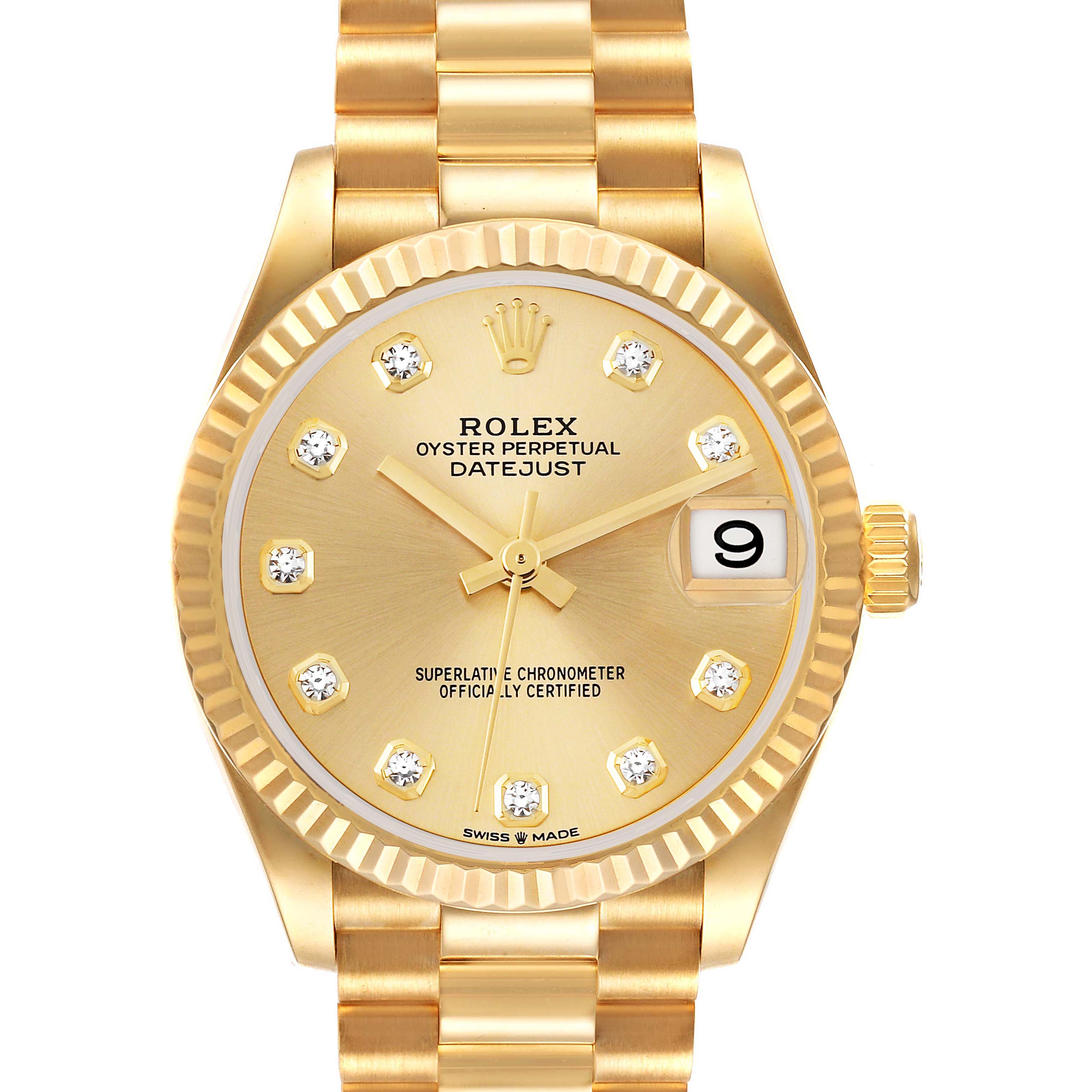 The image shows a Rolex President 278278 Women's Yellow Gold Champagne Dial 278278 Women's Yellow Gold Champagne Dial model watch, displayed from a front angle, highlighting the dial, bezel, and bracelet.