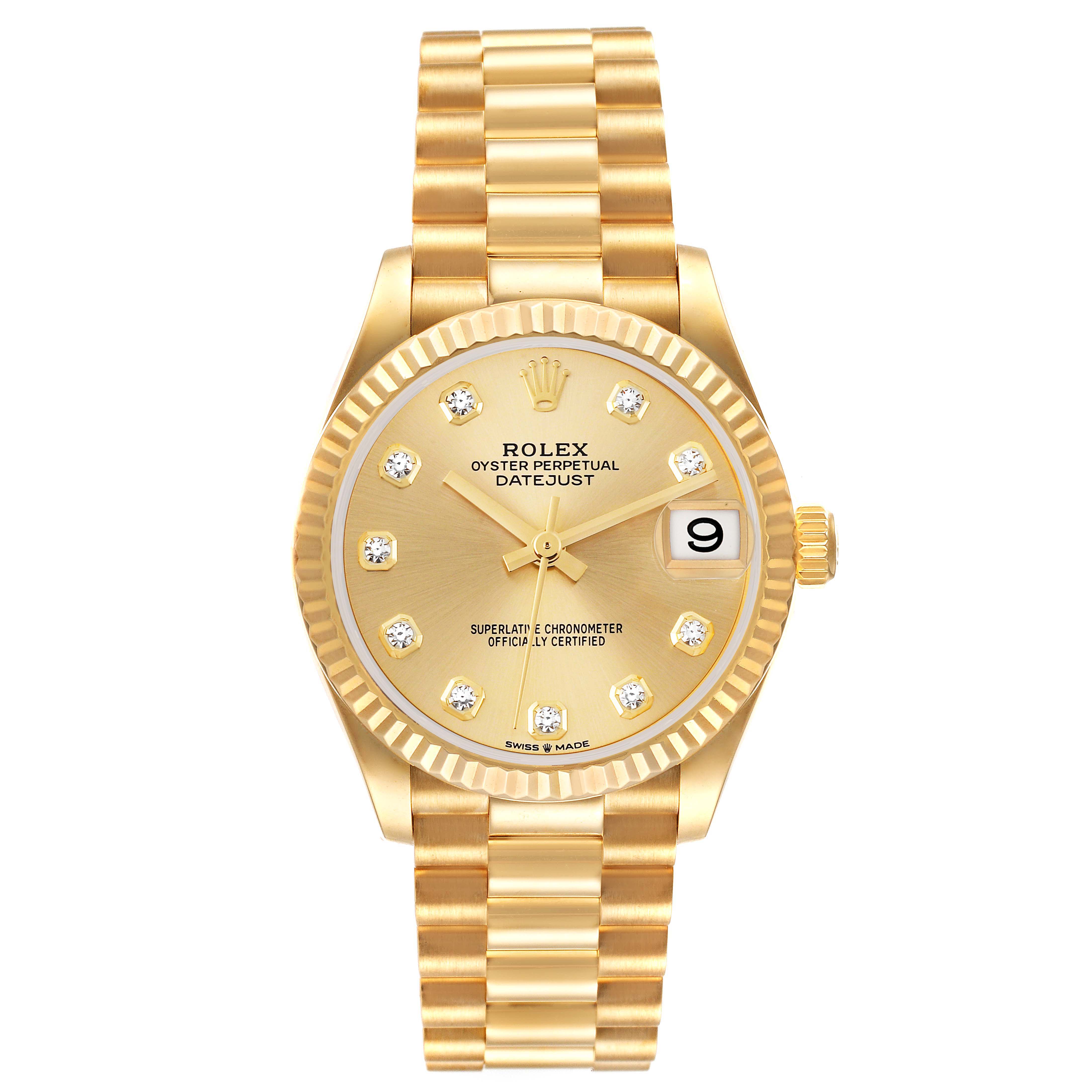 The image shows a front view of a Rolex Oyster Perpetual Datejust Mid-Size watch, highlighting the gold bracelet, dial, and date window.
